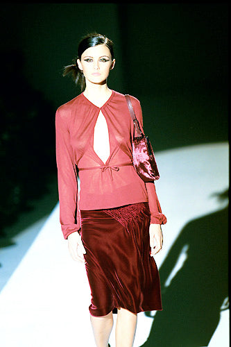 Gucci Fall 1999 Burgundy Red Velvet Ruched Velvet Skirt