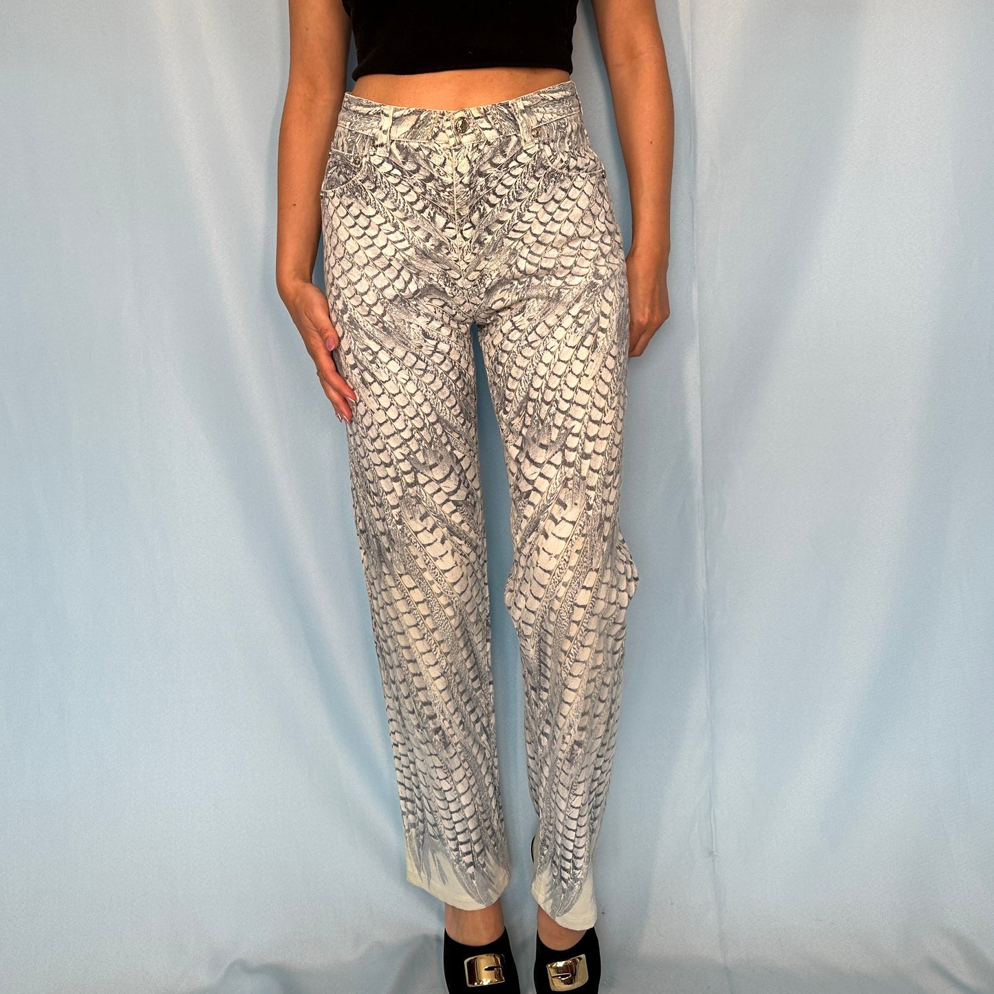 Roberto Cavalli Spring 2004 Feather Print Two Piece Mesh Top & Jeans Set