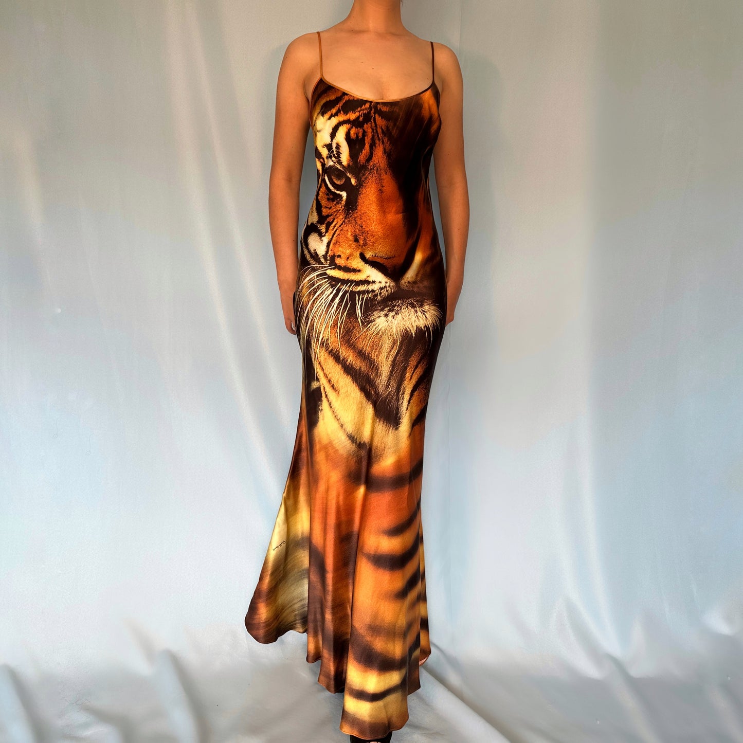 Roberto Cavalli Fall 2000 Silk Tiger Print Dress & Fur Trim Shawl