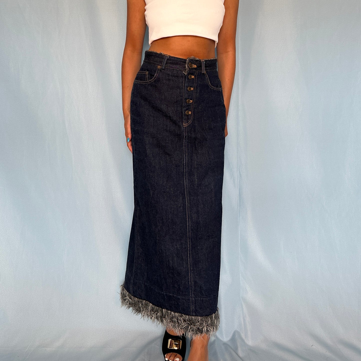 Jean Paul Gaultier Fall 1995 Denim Zip & Faux Fur Detail Maxi Skirt