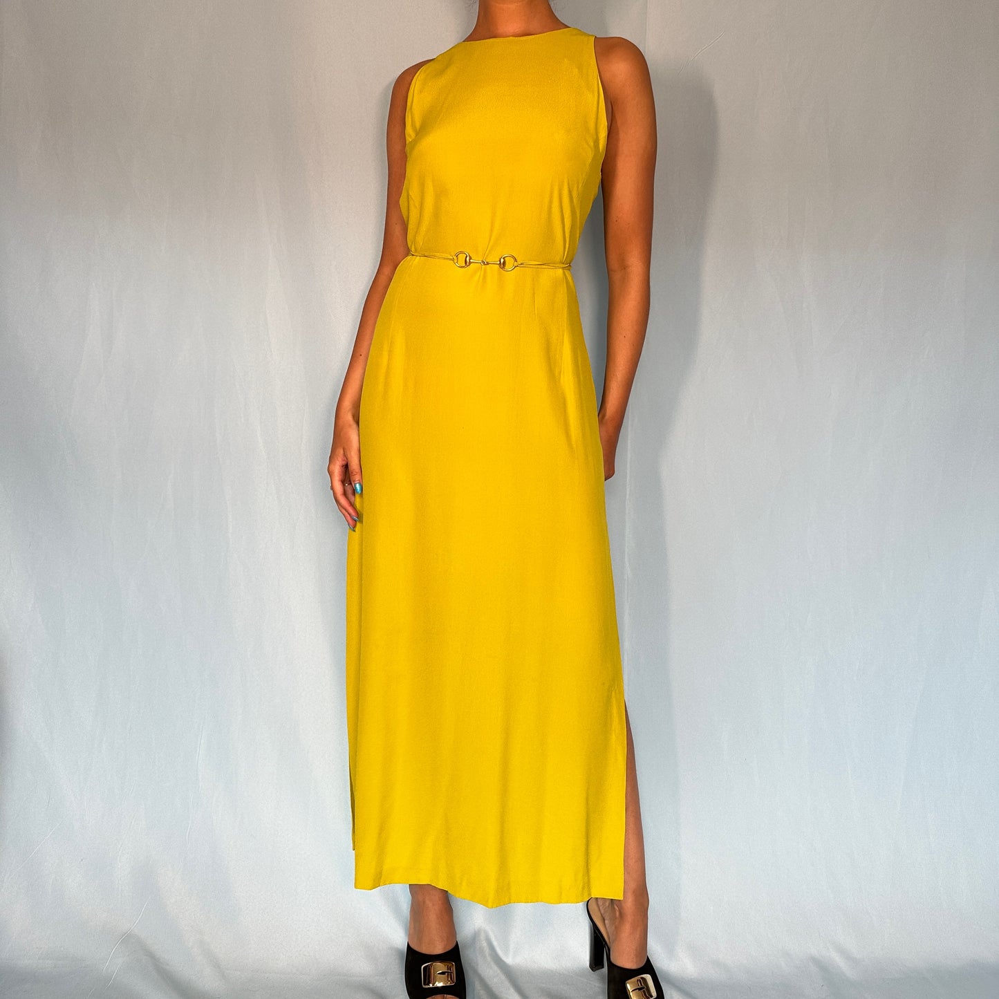 Gucci Spring 1995 Yellow Silk Horsebit Belt Dress