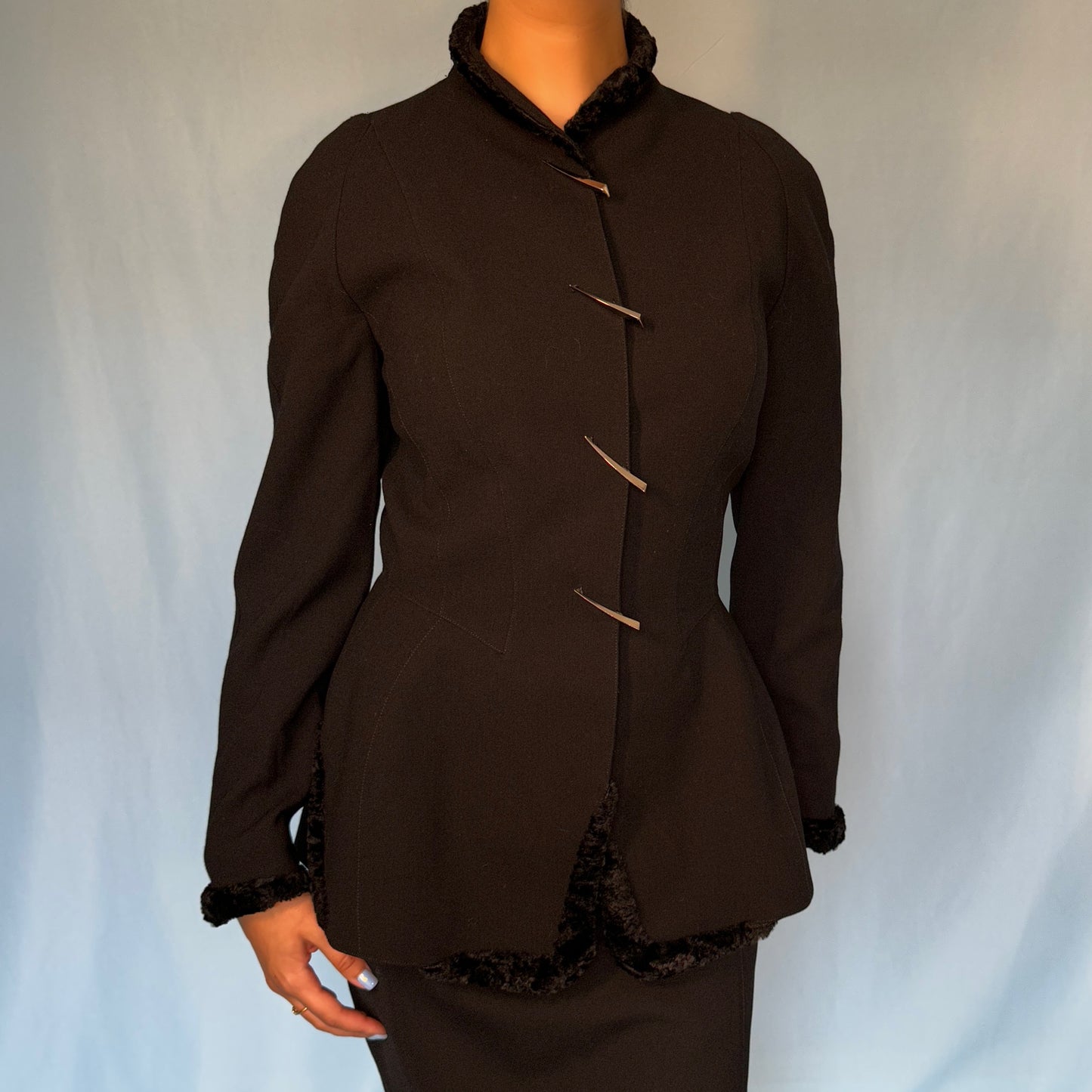 Thierry Mugler Fall 1995 Black Faux Fur & Metal Detail Jacket
