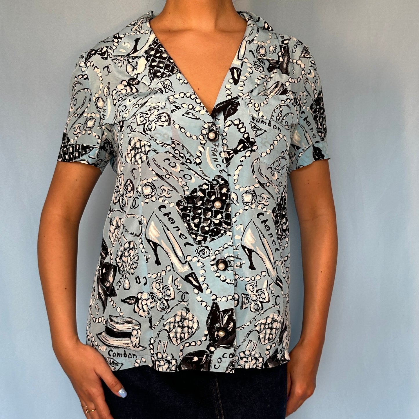 Chanel Spring 1993 Runway Blue Silk Illustrated Pattern Shirt Blouse