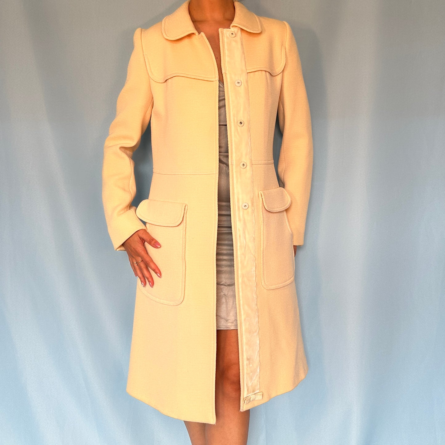 Prada Cream Wool Velvet Detail Jacket Coat