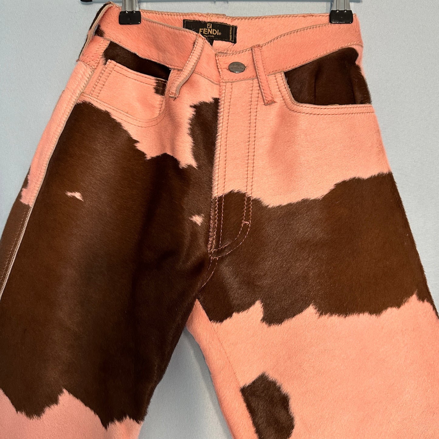 Fendi Fall 1999 Pink Ponyhair Cow Print High Waisted Trousers Pants