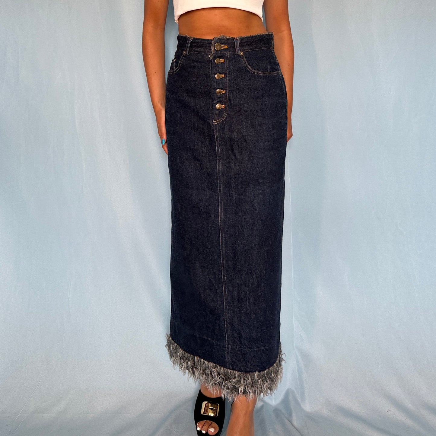 Jean Paul Gaultier Fall 1995 Denim Zip & Faux Fur Detail Maxi Skirt