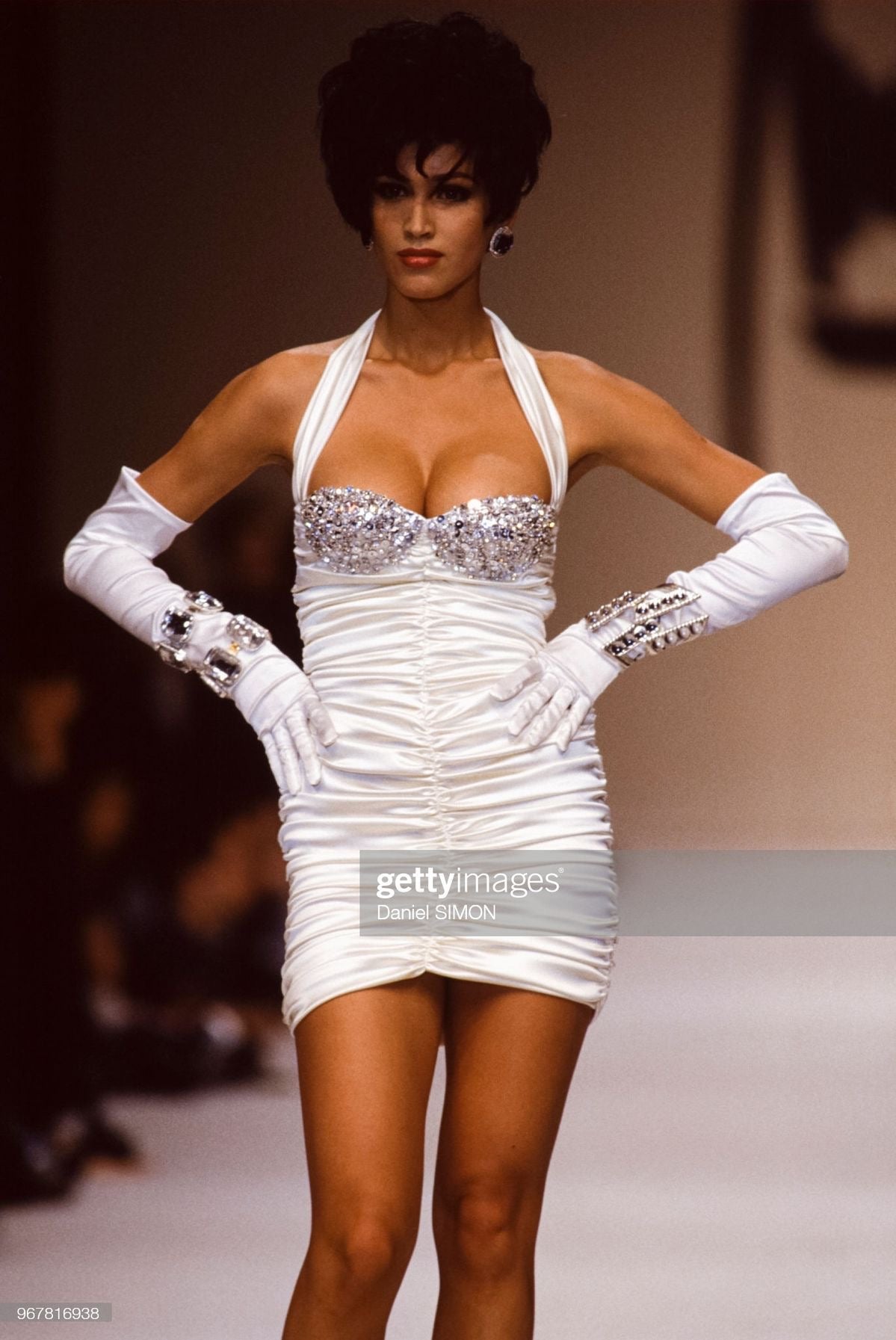 Angelo Tarlazzi Fall 1990 Runway Crystal Bust Halter Silk Dress
