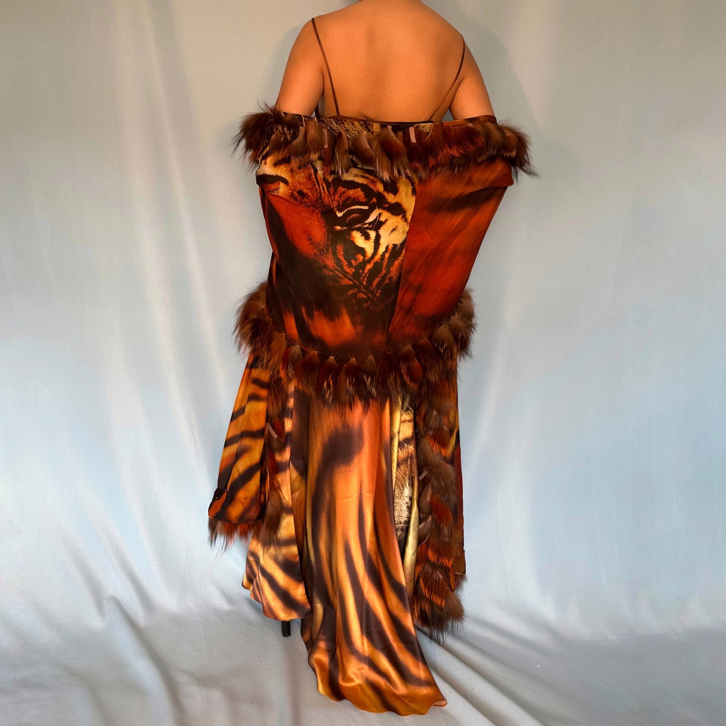 Roberto Cavalli Fall 2000 Silk Tiger Print Dress & Fur Trim Shawl