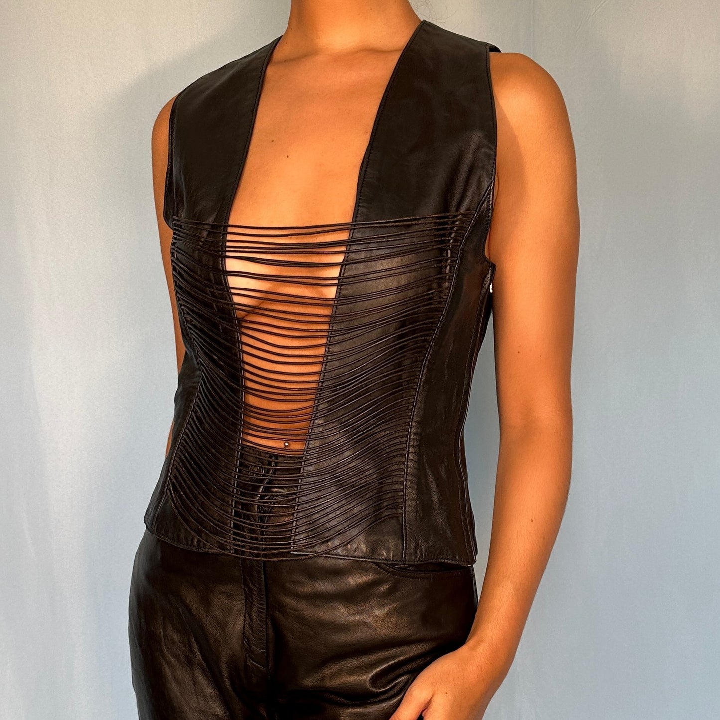 Helmut Lang Fall 1992 Runway Black Leather Open Laced Front Top