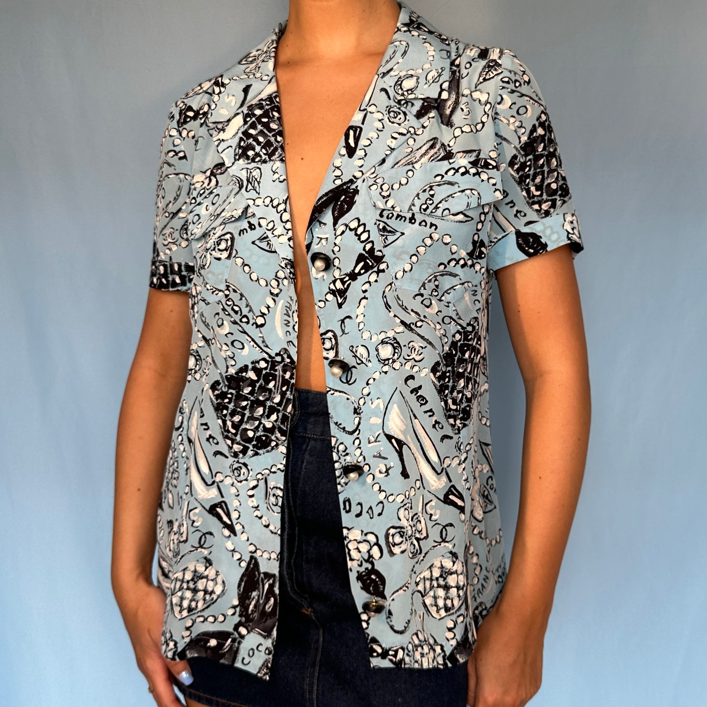 Chanel Spring 1993 Runway Blue Silk Illustrated Pattern Shirt Blouse