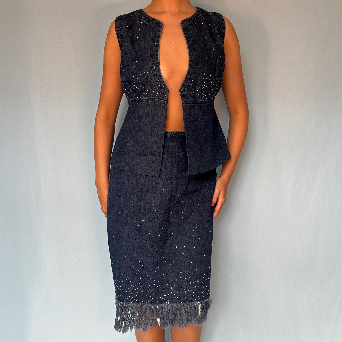 Fendi Denim Crystal Embellished Skirt & Vest Jacket Set