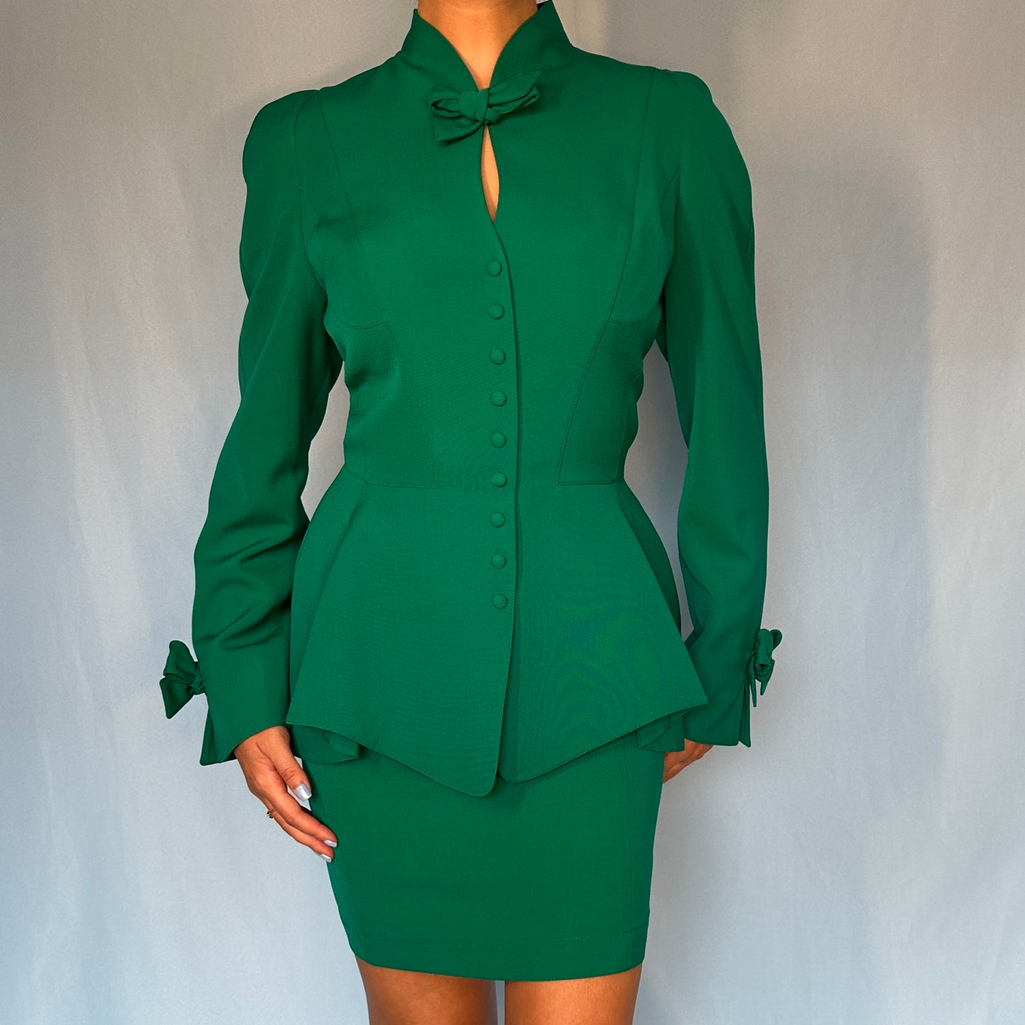 Thierry Mugler Green Bow Detail Contoured Jacket & Skirt Suit
