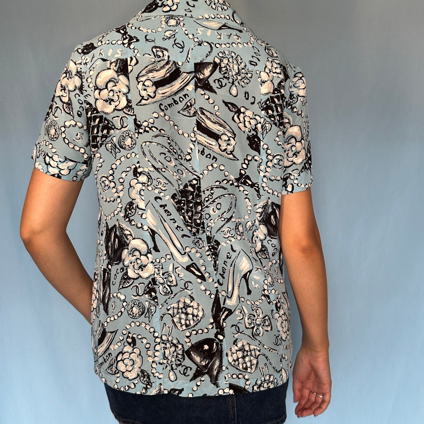 Chanel Spring 1993 Runway Blue Silk Illustrated Pattern Shirt Blouse