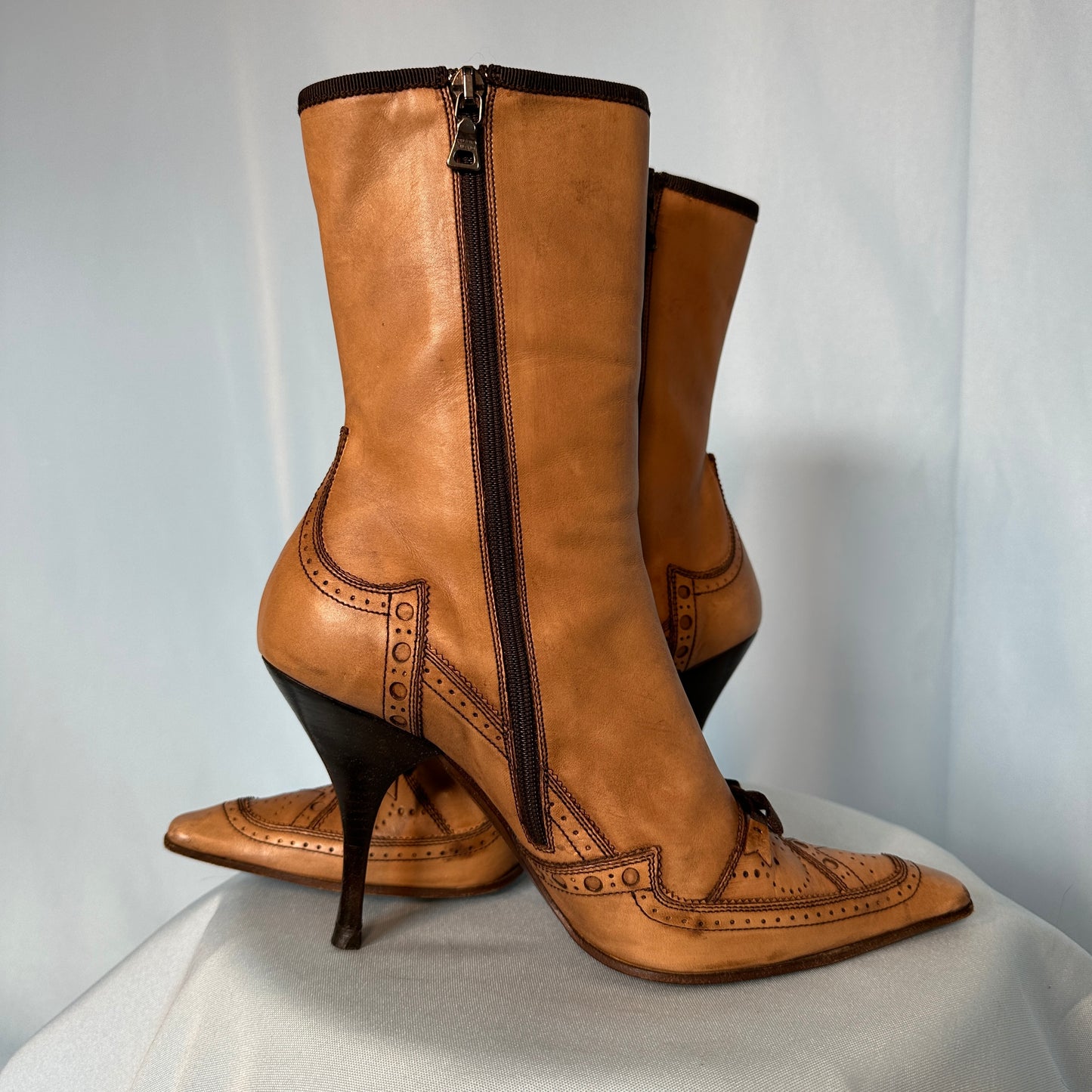 Prada Beige Leather Pointed Heel Boots