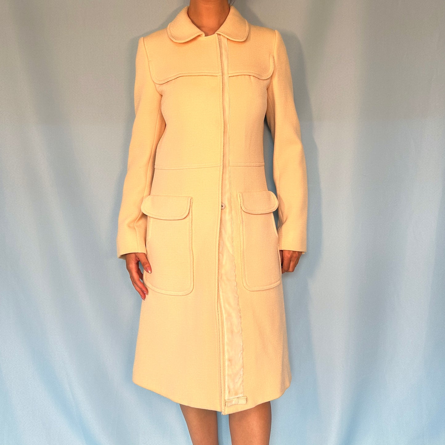 Prada Cream Wool Velvet Detail Jacket Coat