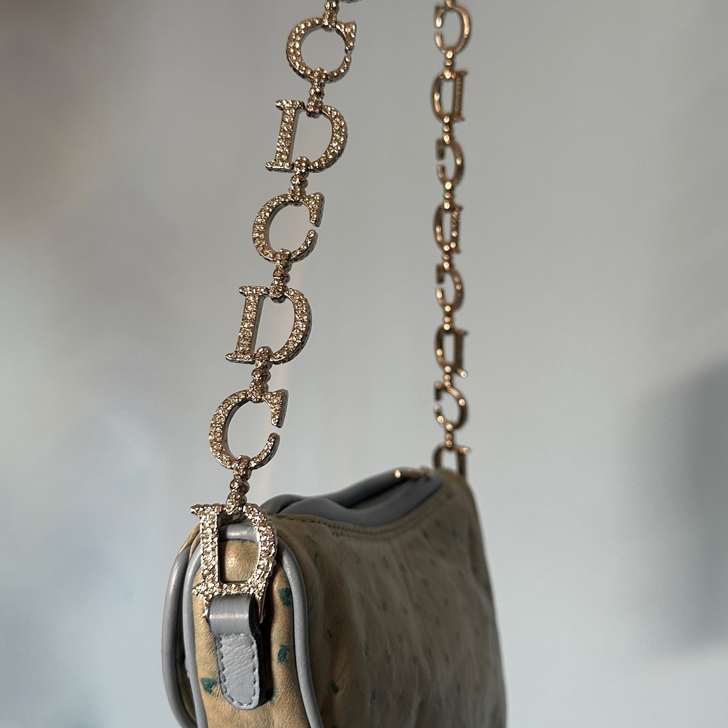 Dior Fall 2000 Blue Ostrich Leather Crystal Strap Saddle Bag