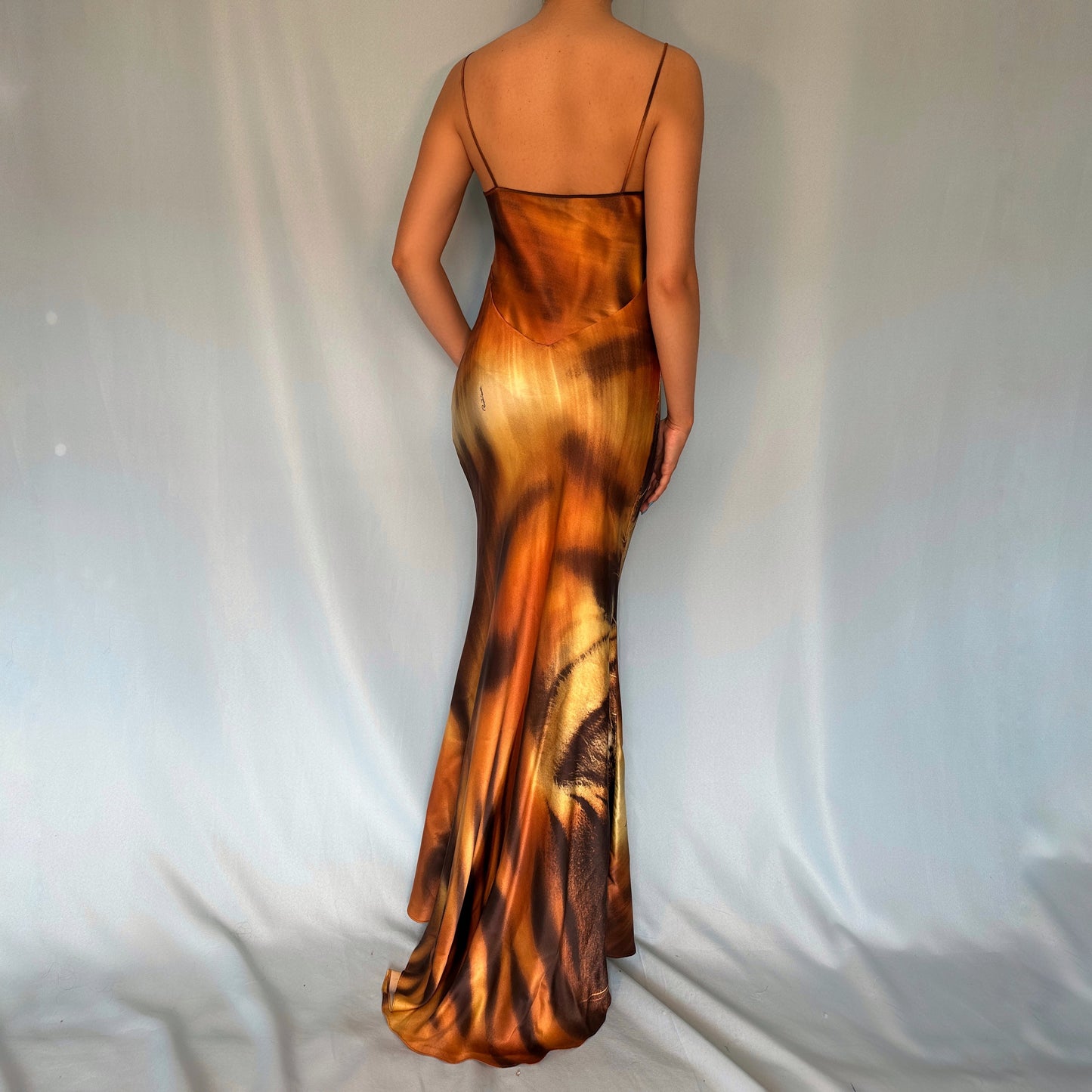 Roberto Cavalli Fall 2000 Silk Tiger Print Dress & Fur Trim Shawl