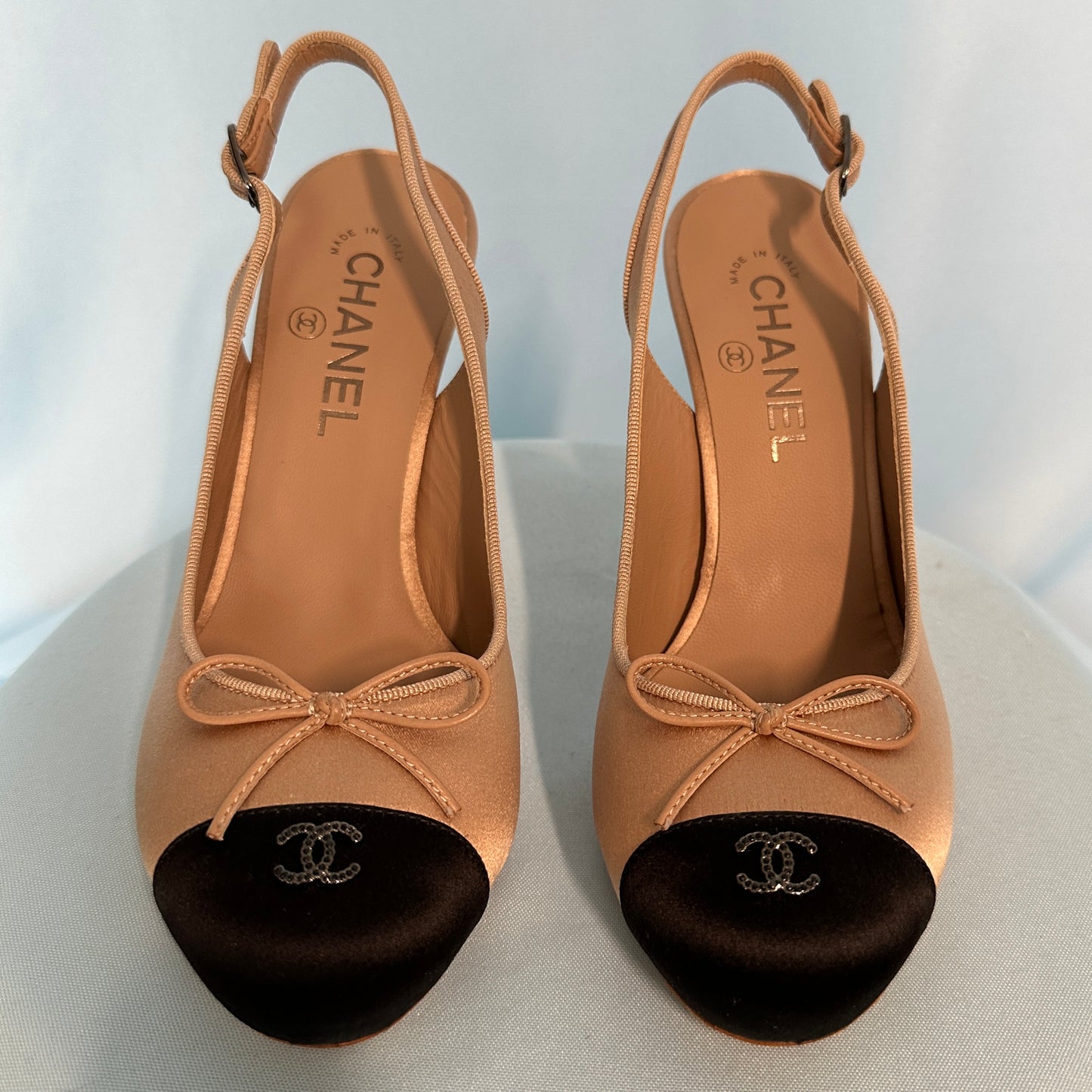 Chanel Nude Satin Ballet Style Slingback Heels