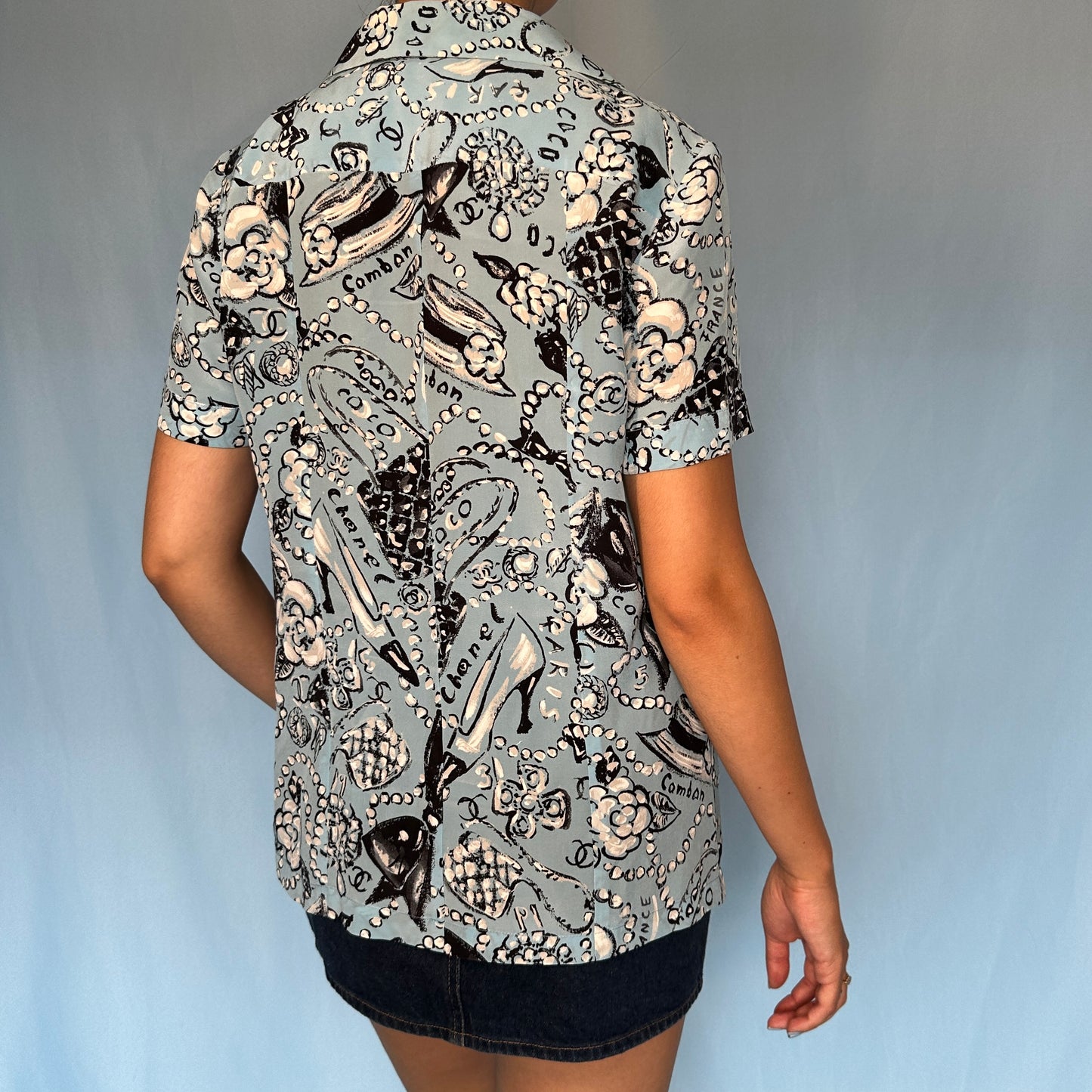 Chanel Spring 1993 Runway Blue Silk Illustrated Pattern Shirt Blouse