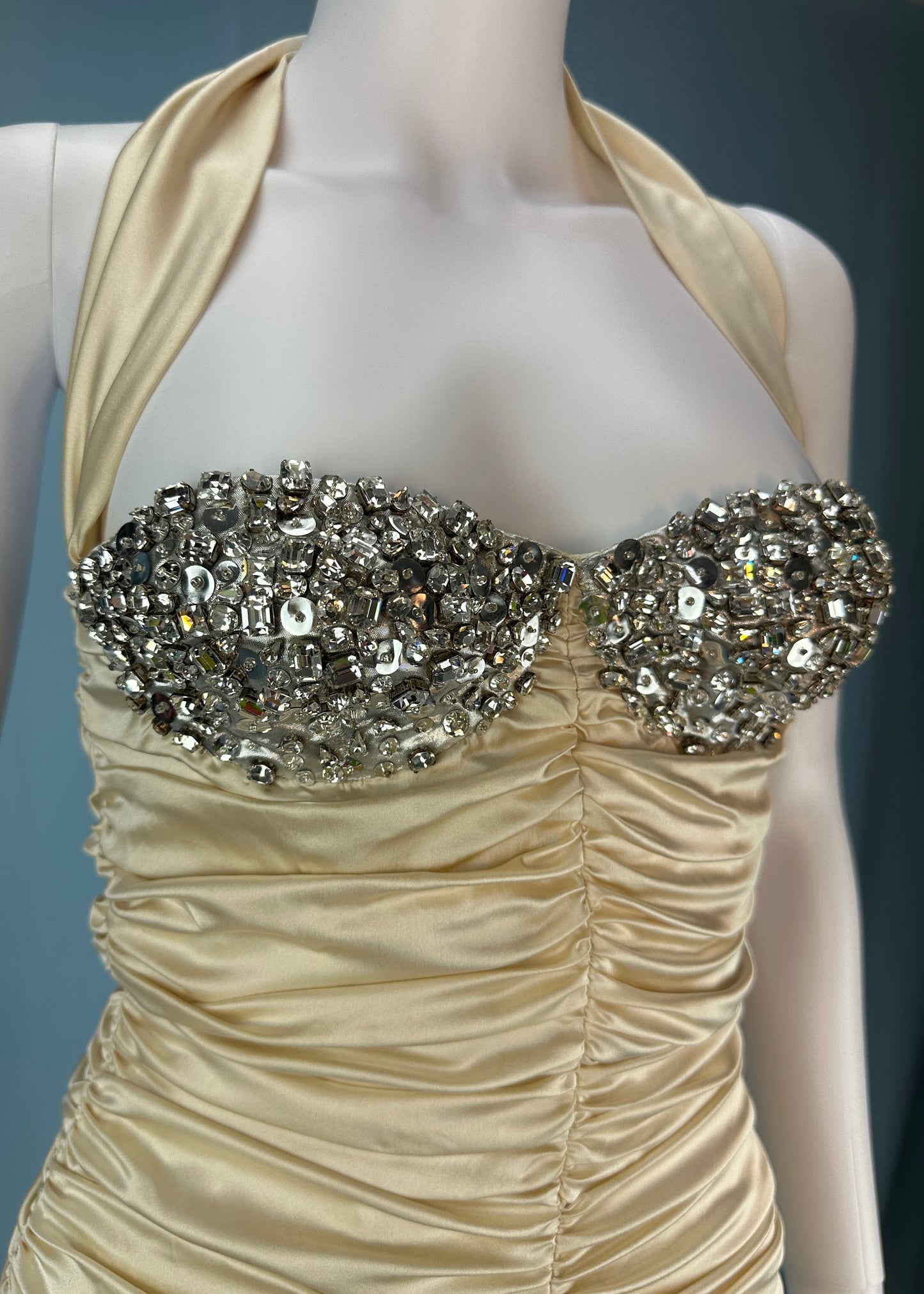 Angelo Tarlazzi Fall 1990 Runway Crystal Bust Halter Silk Dress