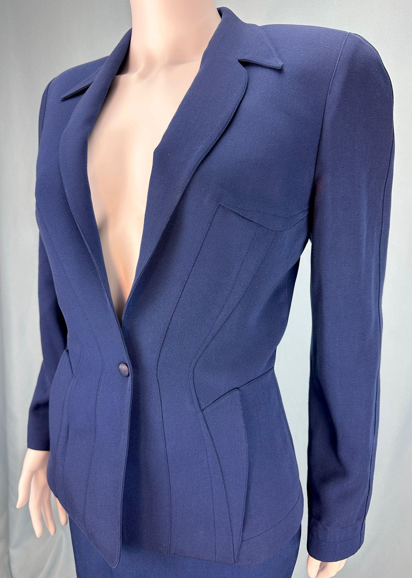 Thierry Mugler Blue Contoured Jacket & Skirt Suit