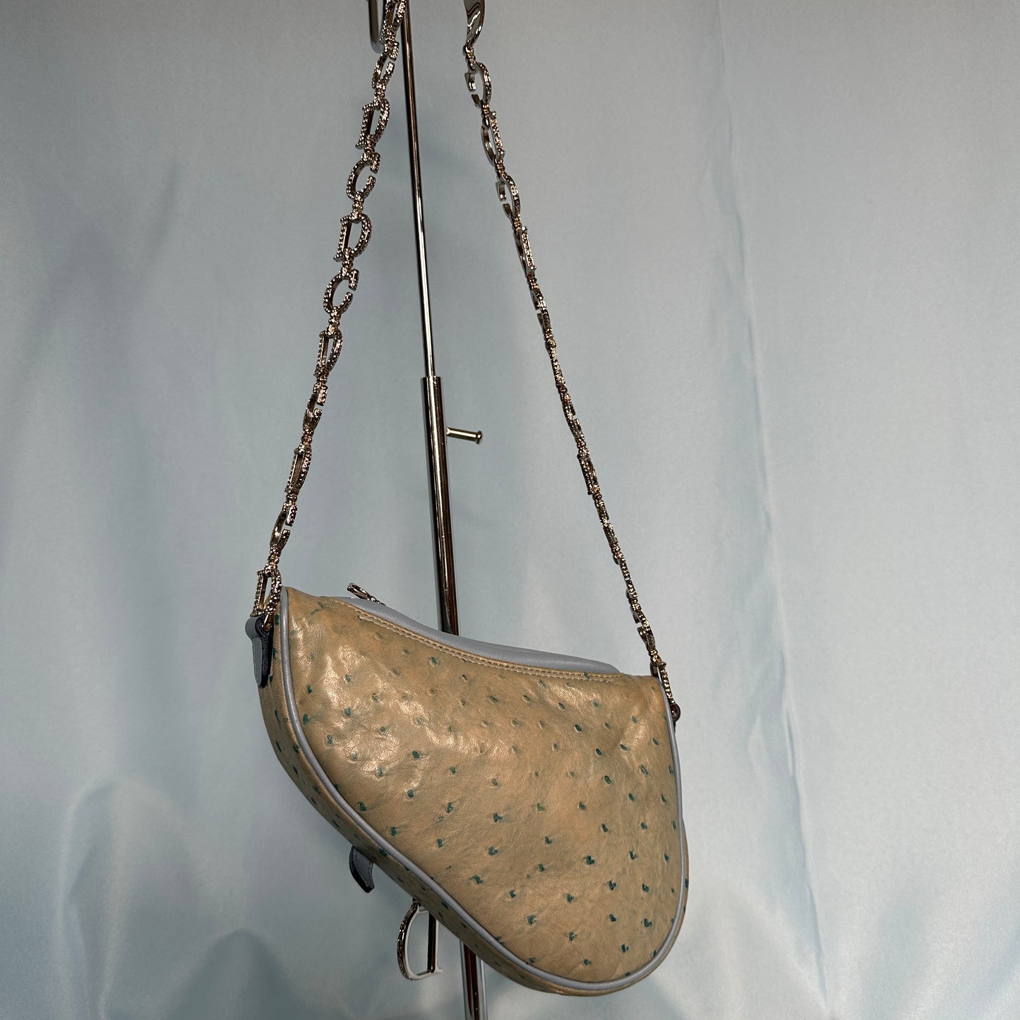 Dior Fall 2000 Blue Ostrich Leather Crystal Strap Saddle Bag