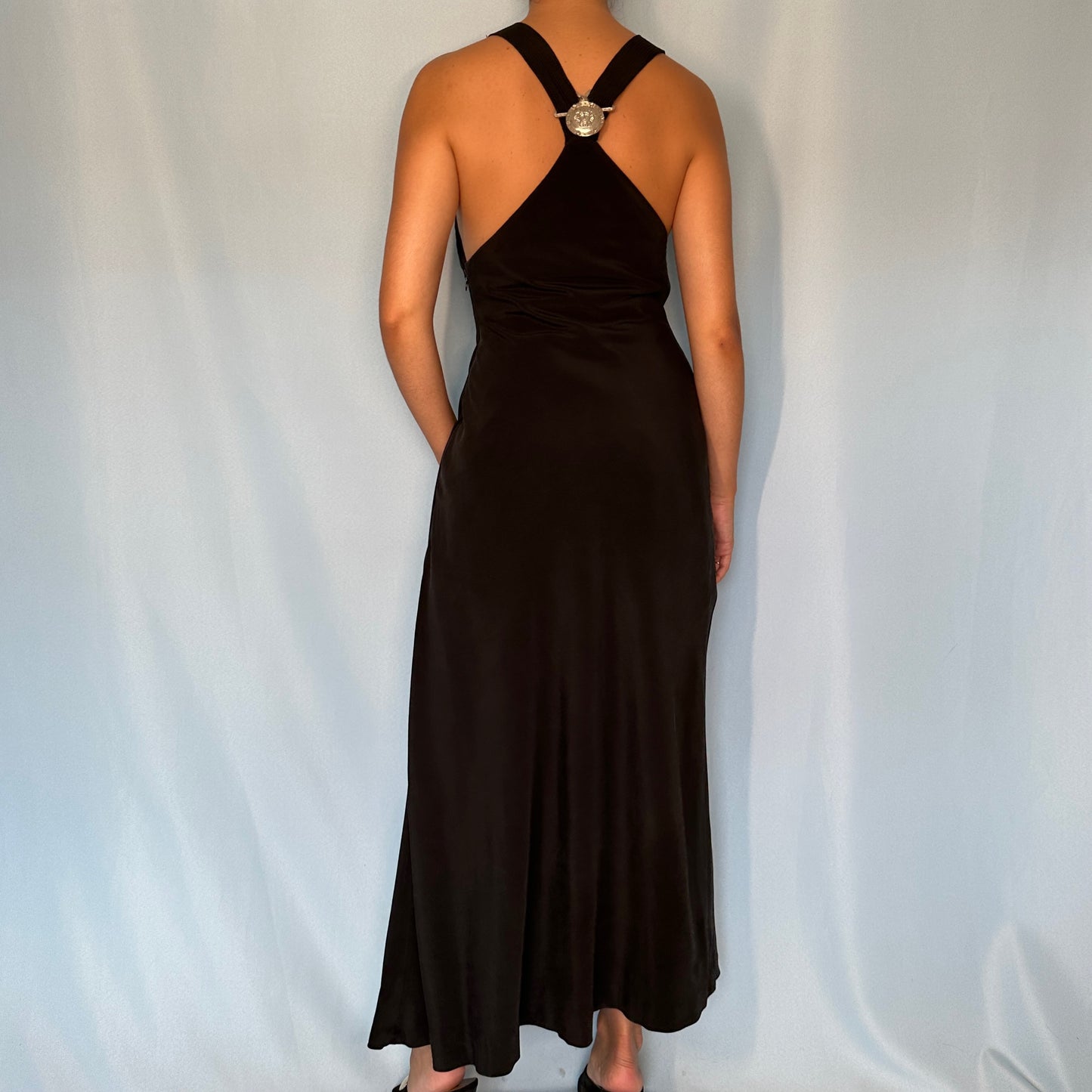 Versace Spring 1994 Medusa Strap Black Silk Gown Dress
