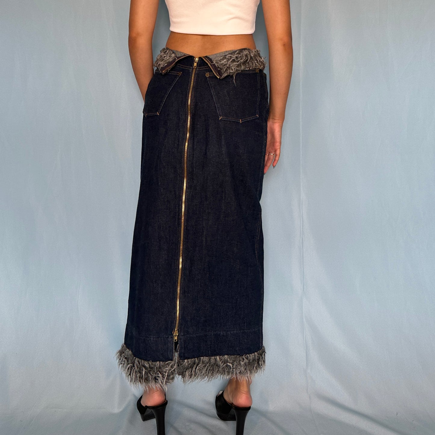 Jean Paul Gaultier Fall 1995 Denim Zip & Faux Fur Detail Maxi Skirt