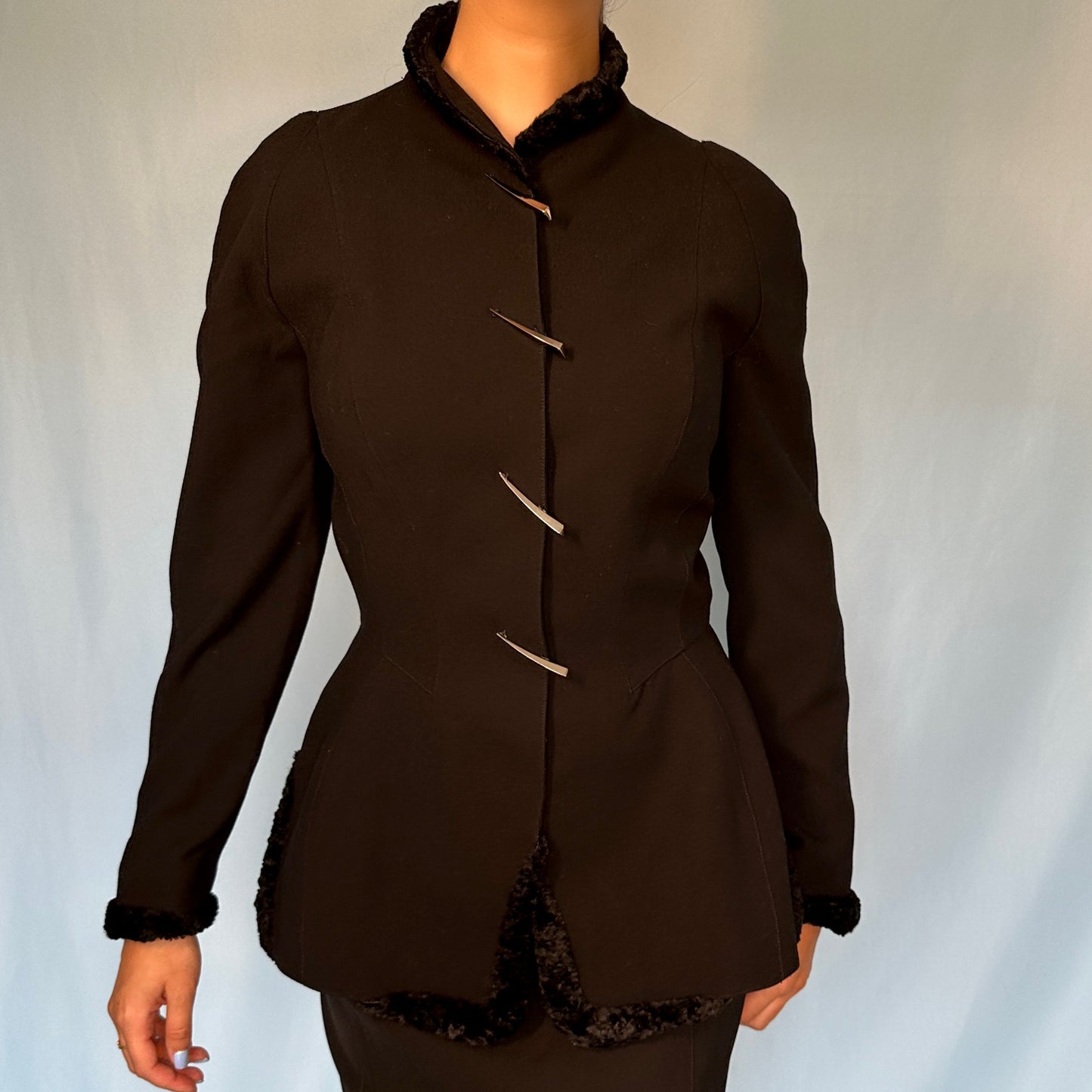 Thierry Mugler Fall 1995 Black Faux Fur & Metal Detail Jacket