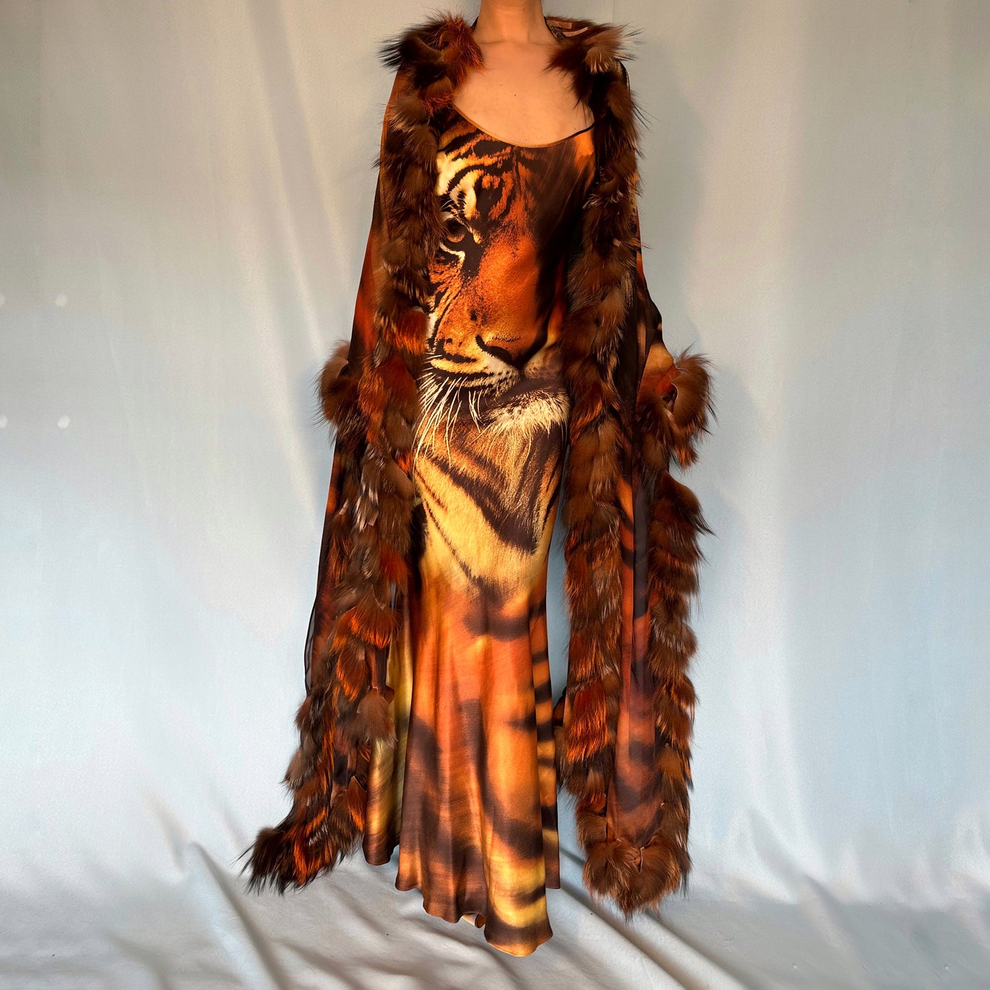 Roberto Cavalli Fall 2000 Silk Tiger Print Dress & Fur Trim Shawl
