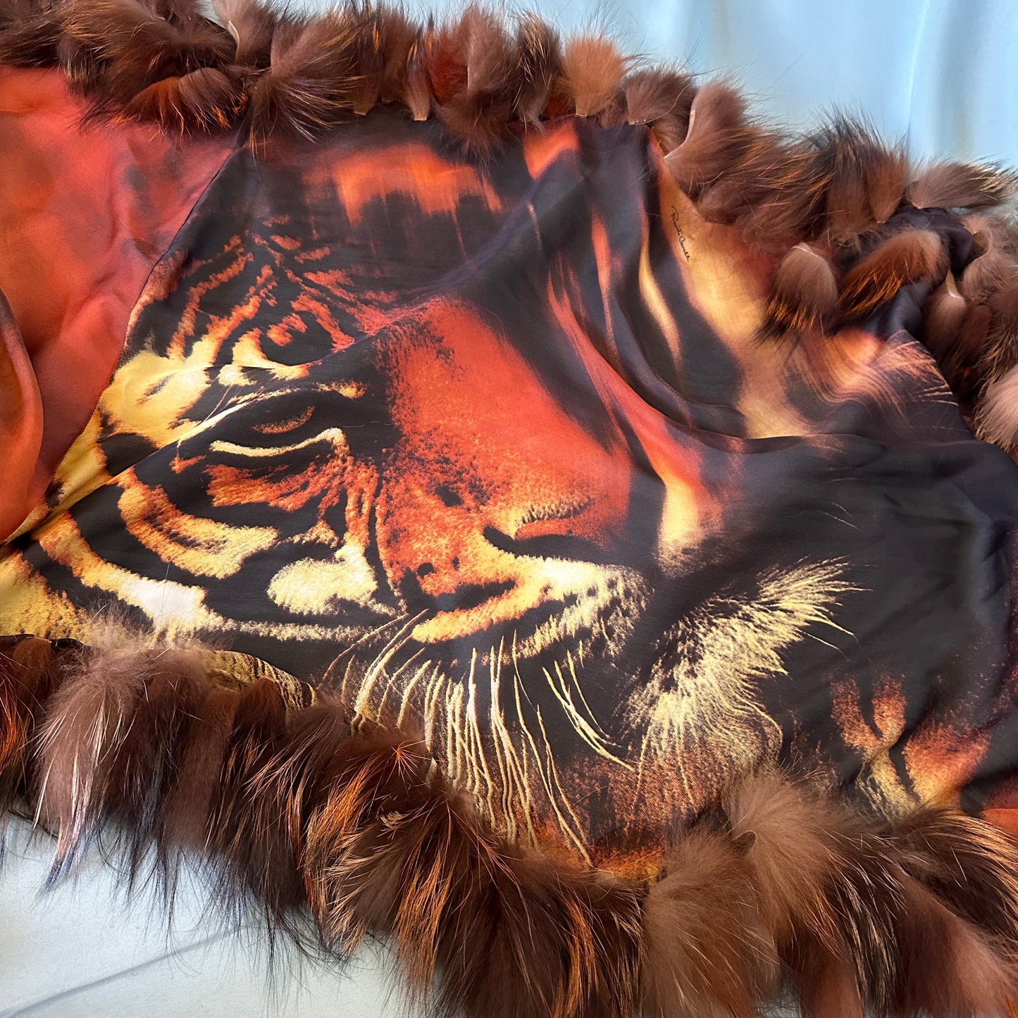 Roberto Cavalli Fall 2000 Silk Tiger Print Dress & Fur Trim Shawl