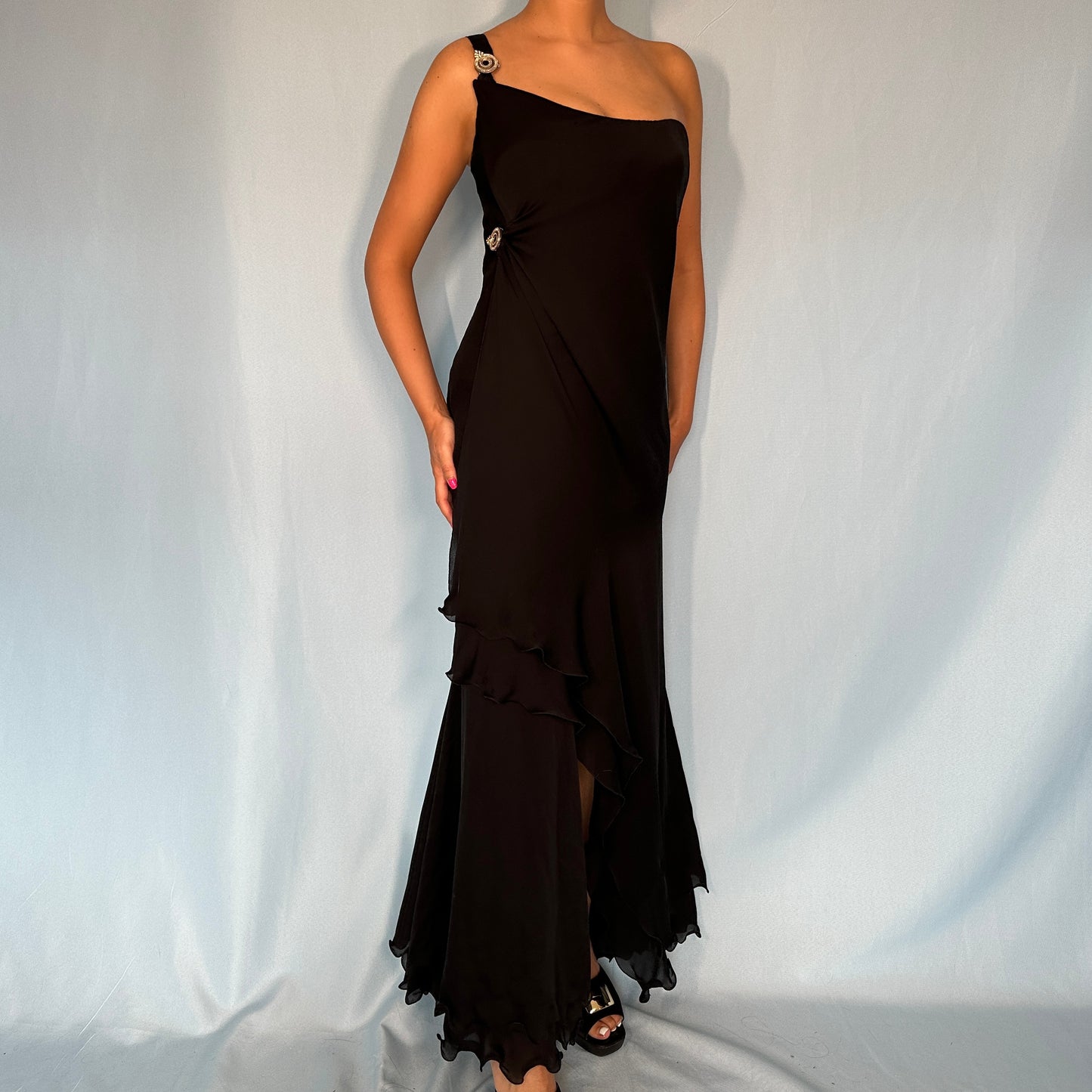 Versace Spring 1995 One Shoulder Black Silk Gown Dress