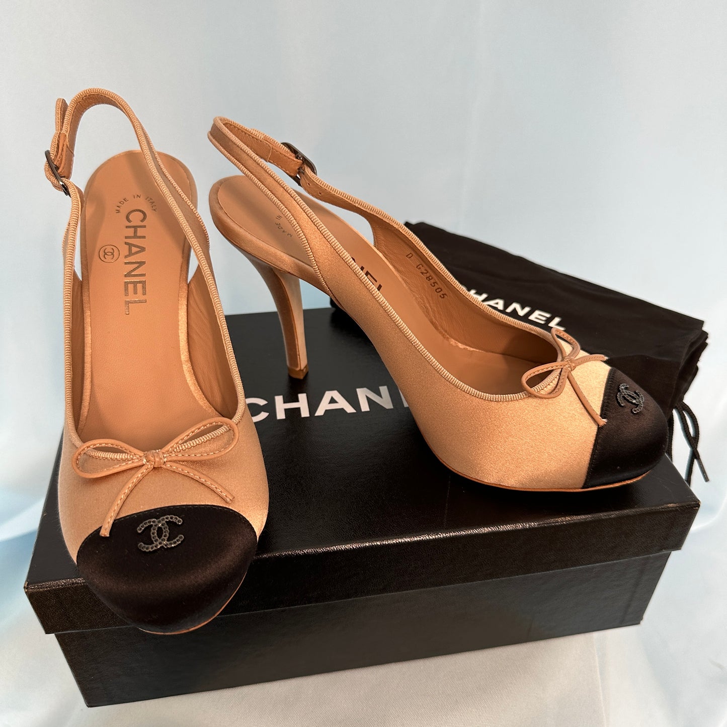Chanel Nude Satin Ballet Style Slingback Heels