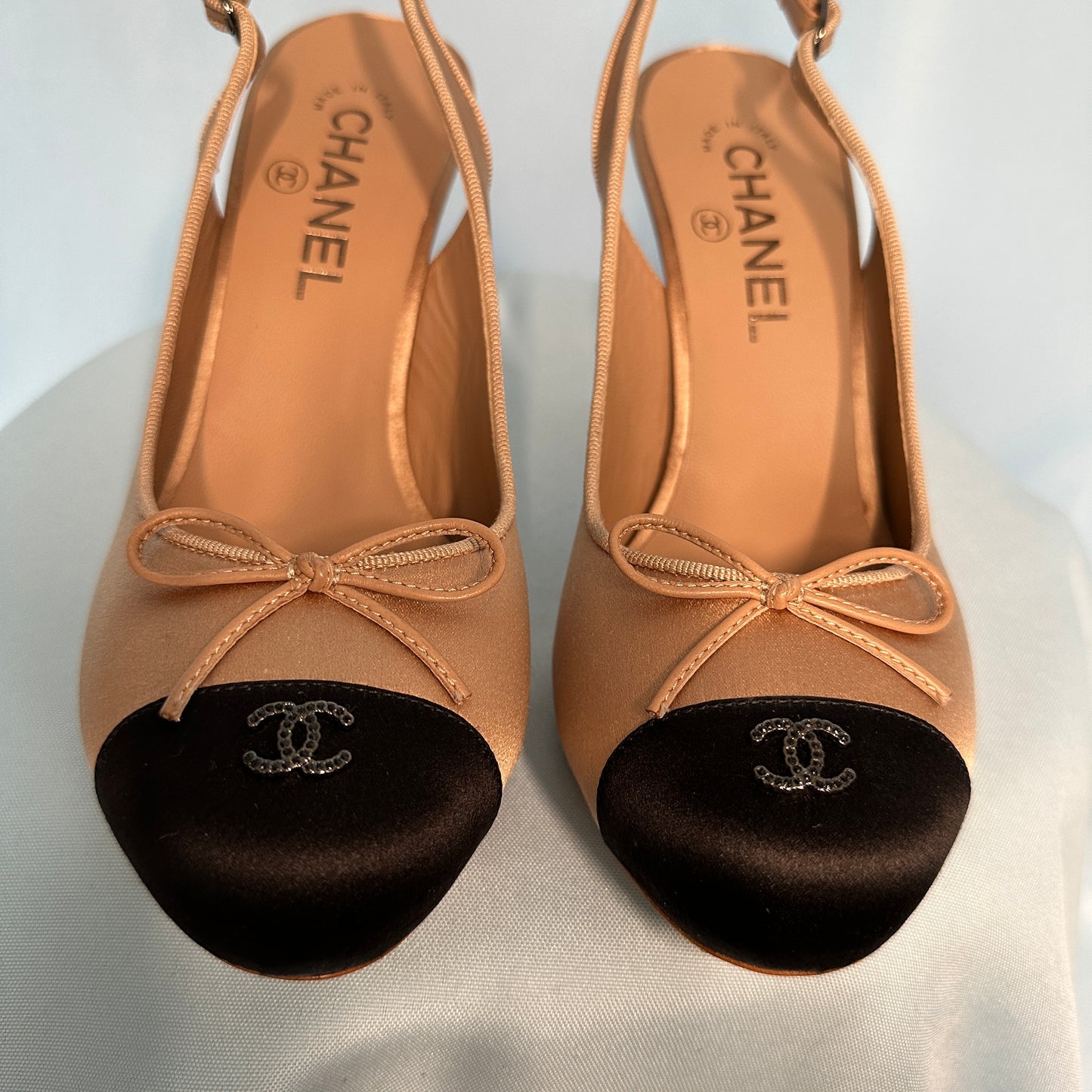 Chanel Nude Satin Ballet Style Slingback Heels
