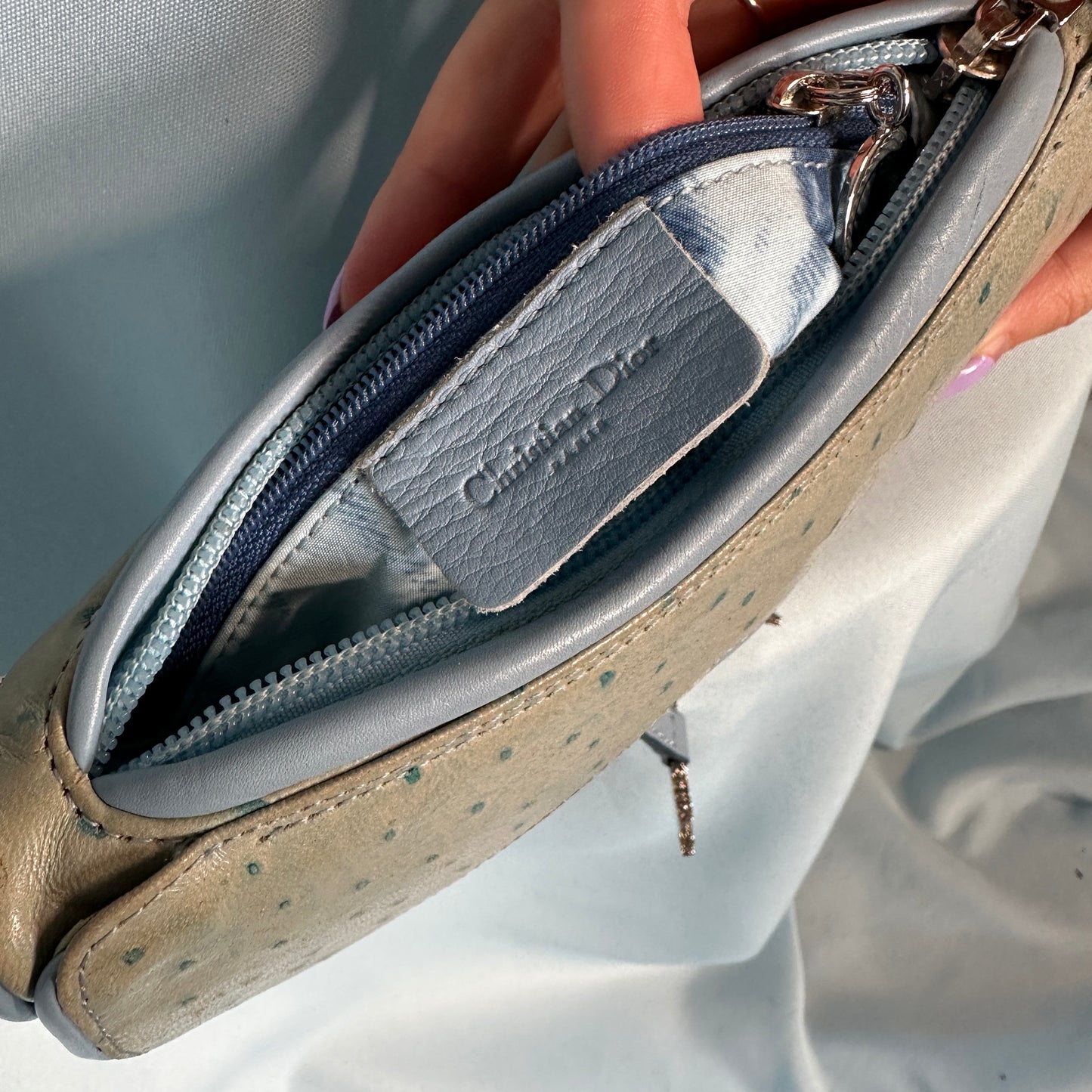Dior Fall 2000 Blue Ostrich Leather Crystal Strap Saddle Bag