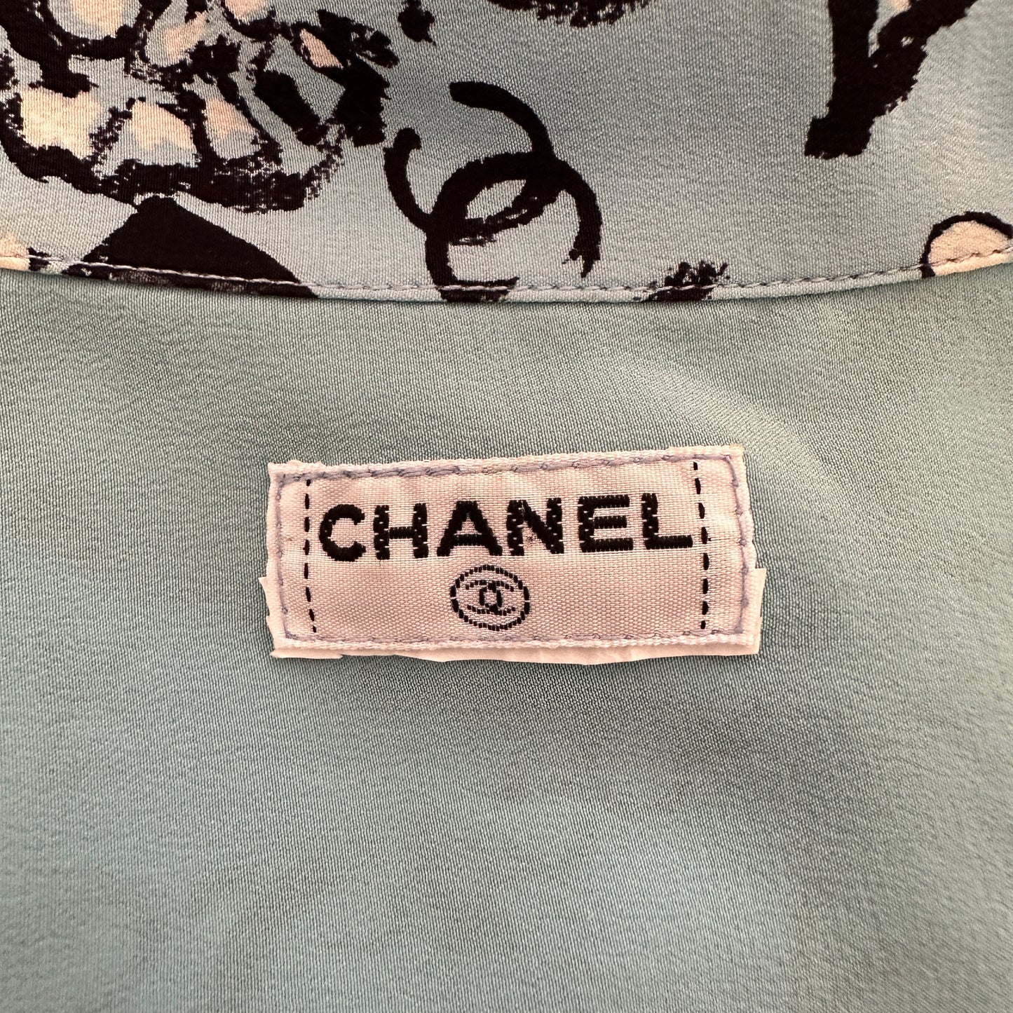 Chanel Spring 1993 Runway Blue Silk Illustrated Pattern Shirt Blouse