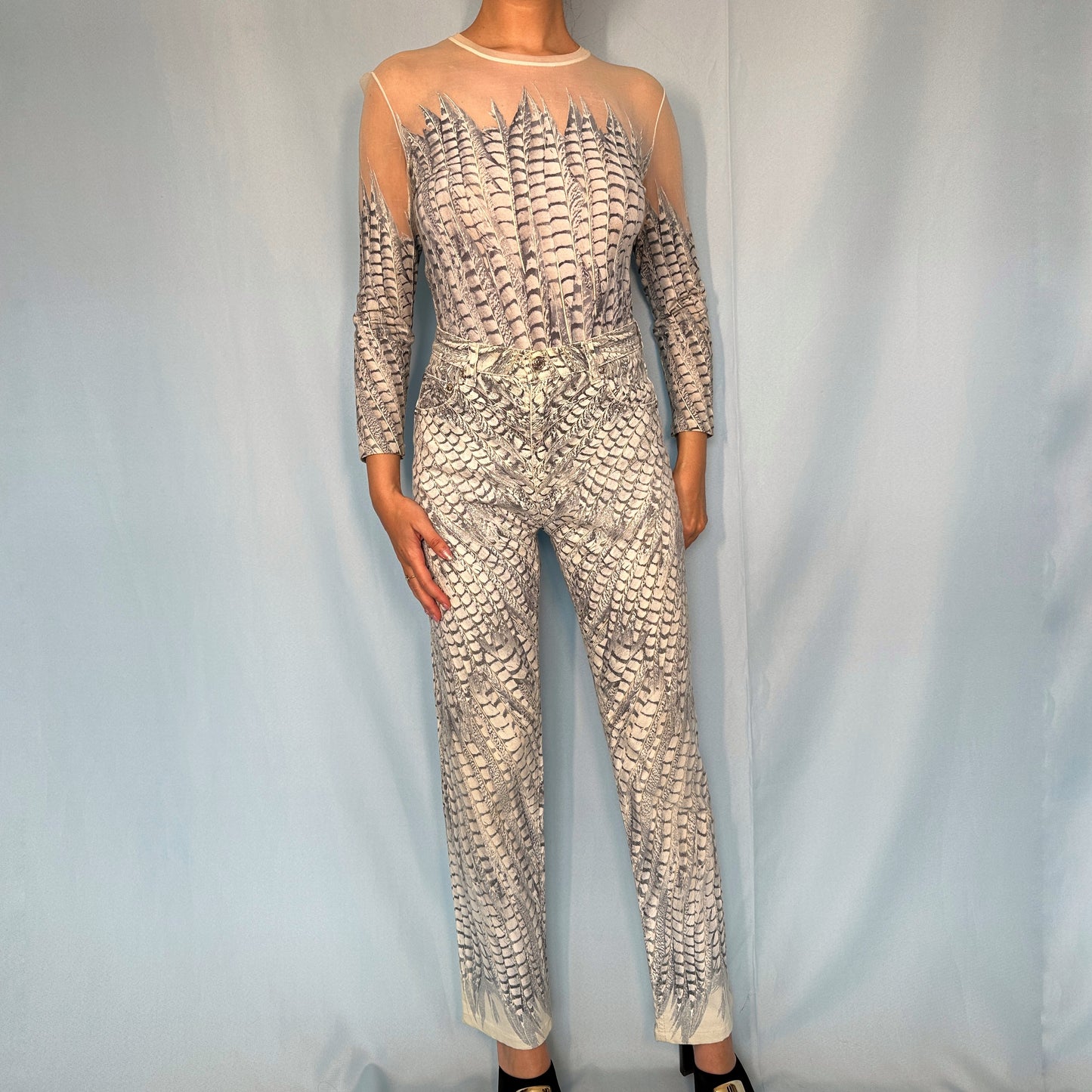 Roberto Cavalli Spring 2004 Feather Print Two Piece Mesh Top & Jeans Set