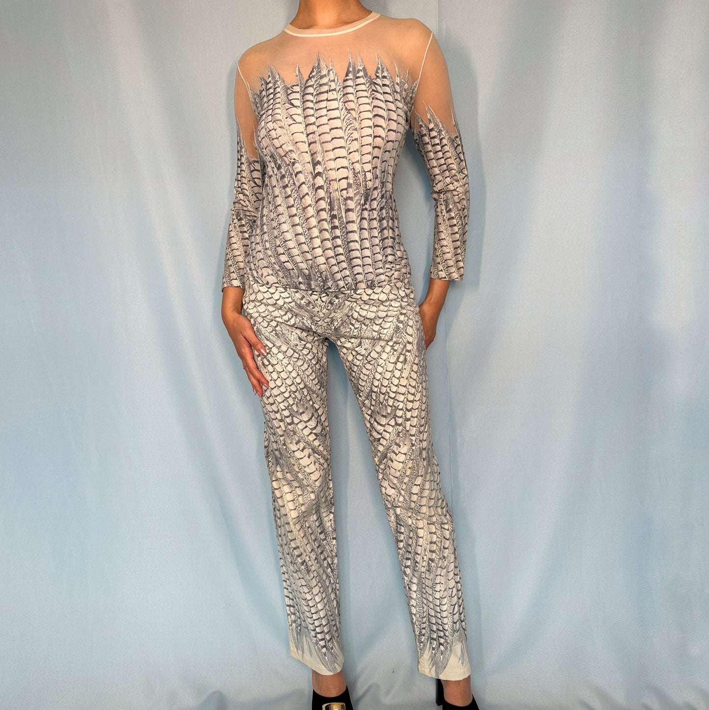 Roberto Cavalli Spring 2004 Feather Print Two Piece Mesh Top & Jeans Set