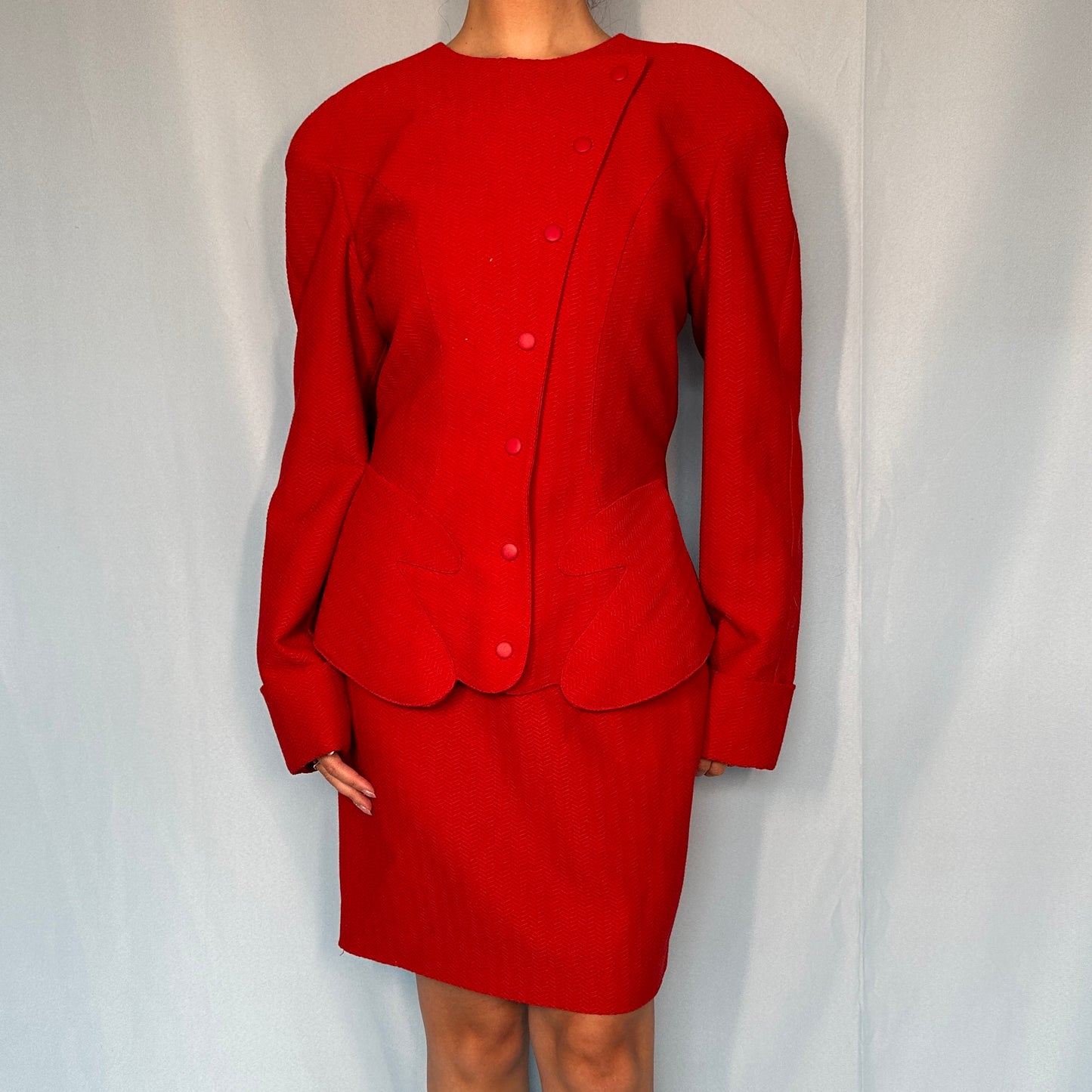 Thierry Mugler Red Asymmetric Jacket Skirt Suit Set