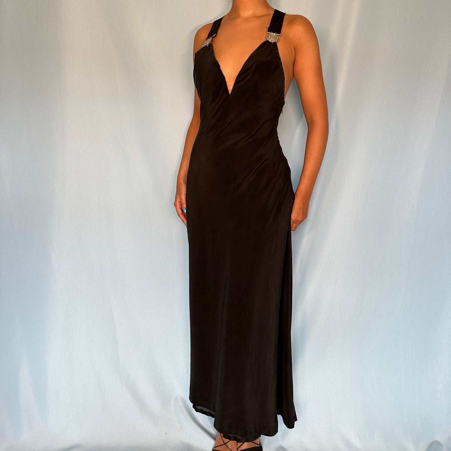 Versace Spring 1994 Medusa Strap Black Silk Gown Dress