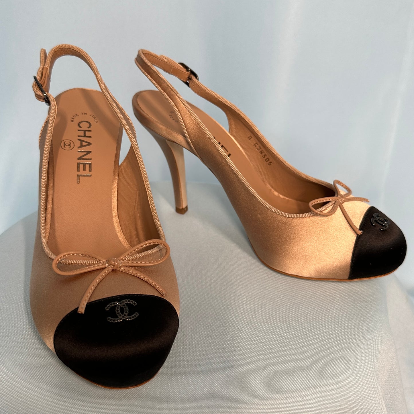Chanel Nude Satin Ballet Style Slingback Heels