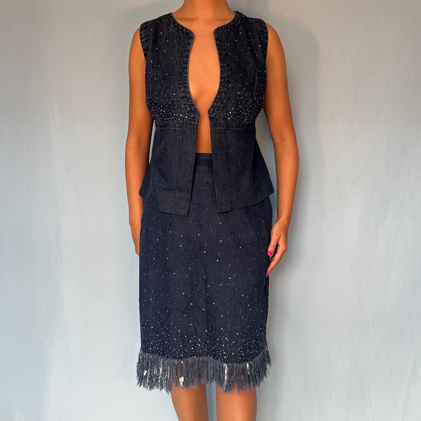 Fendi Denim Crystal Embellished Skirt & Vest Jacket Set