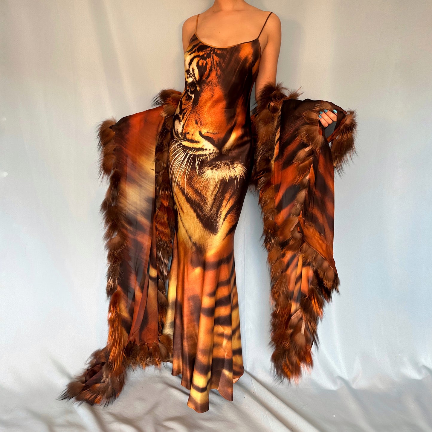 Roberto Cavalli Fall 2000 Silk Tiger Print Dress & Fur Trim Shawl