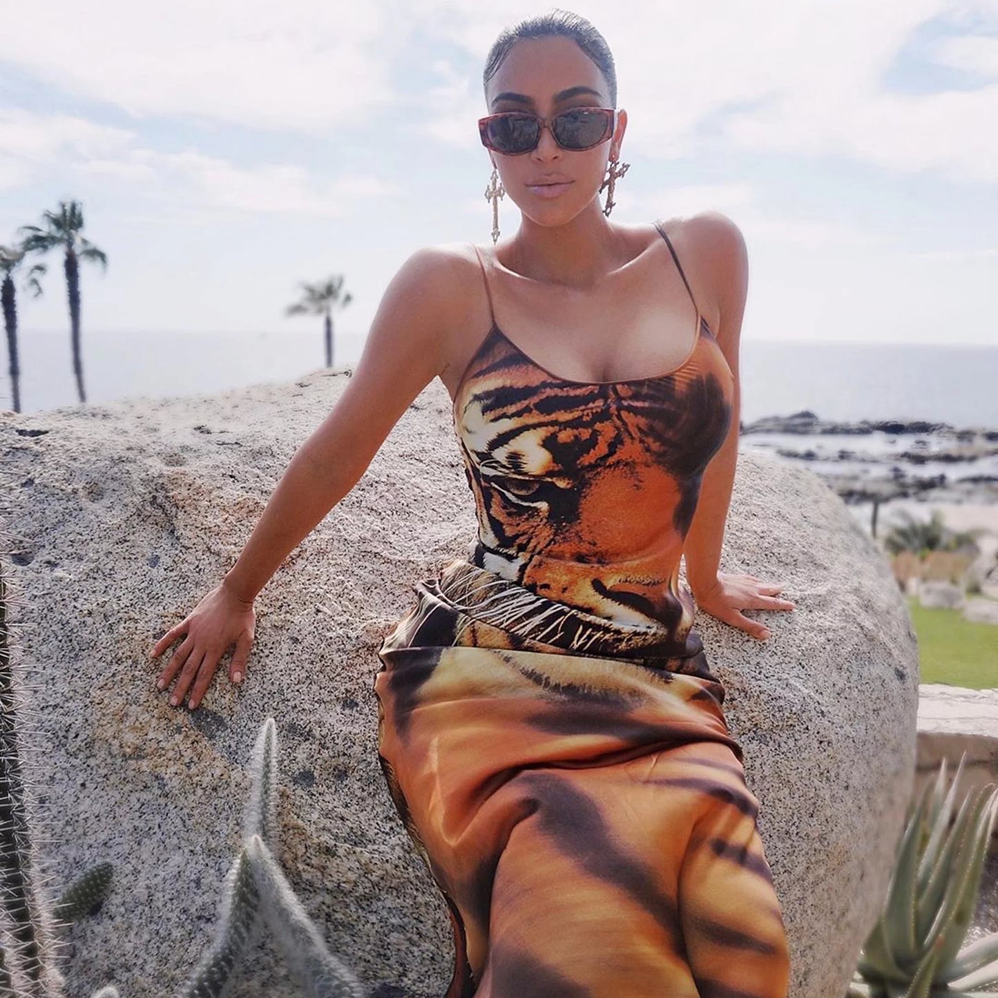 Roberto Cavalli Fall 2000 Silk Tiger Print Dress & Fur Trim Shawl