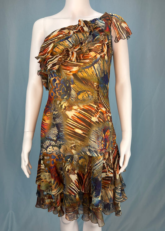 Thierry Mugler Spring 1999 Silk Chiffon Ruffle One Shoulder Dress