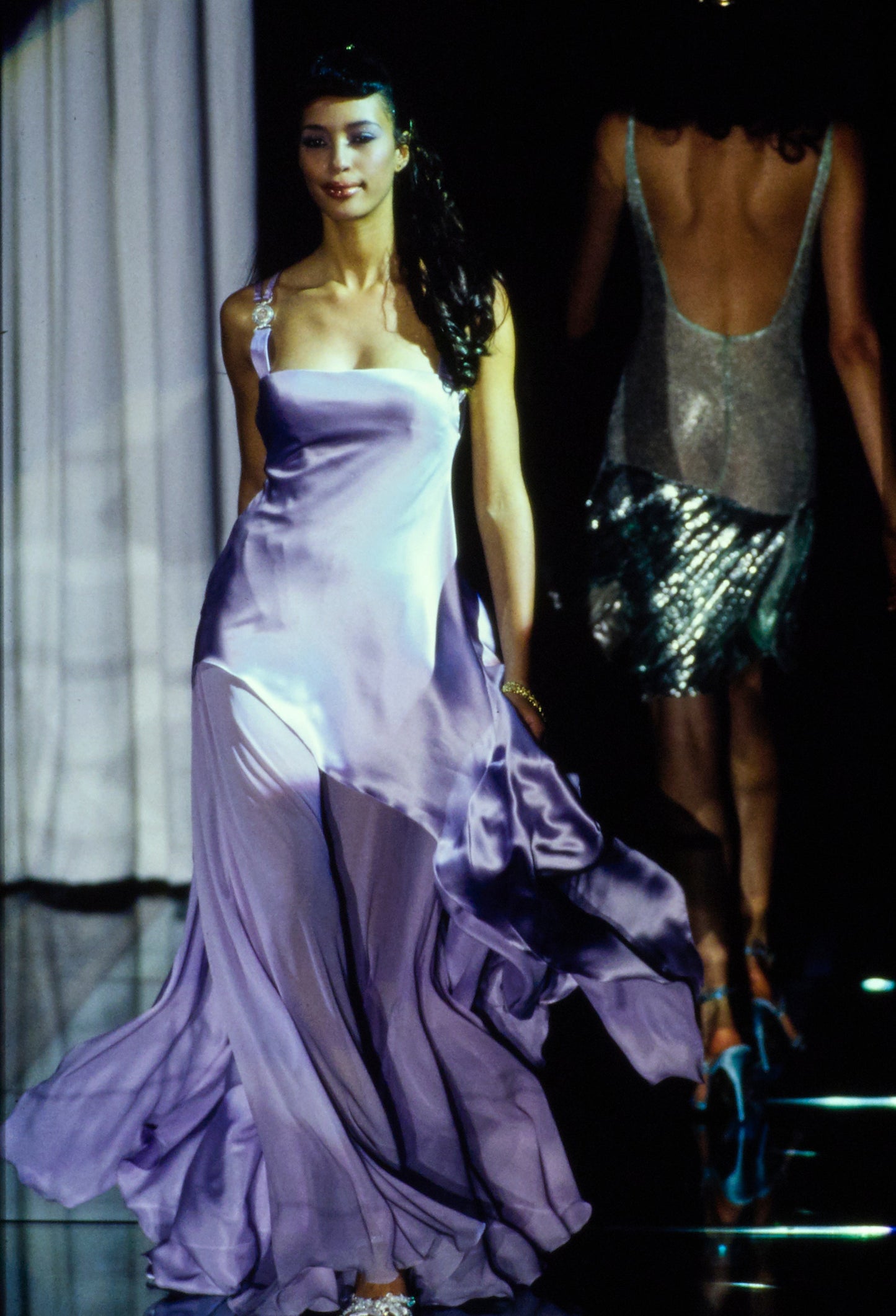 Versace Spring 1995 One Shoulder Black Silk Gown Dress