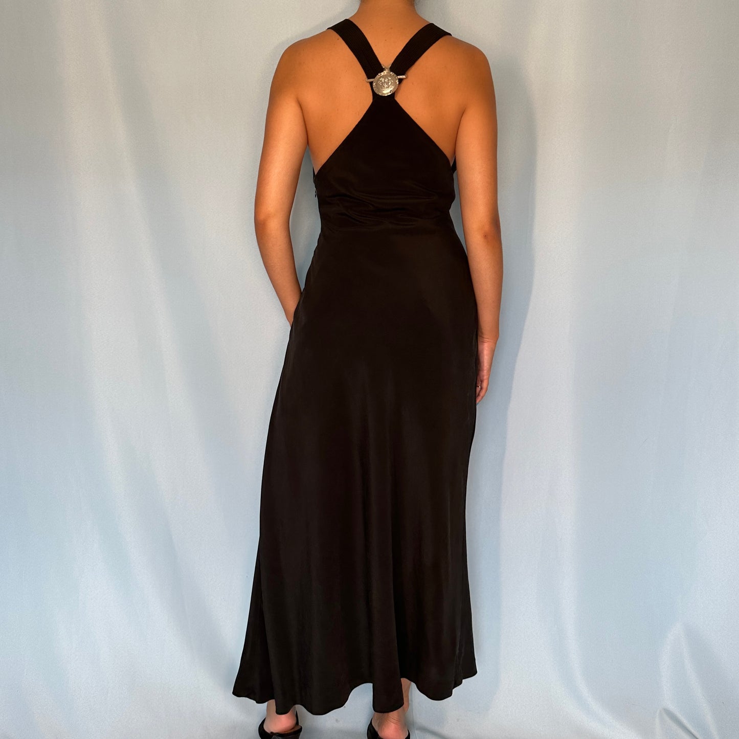 Versace Spring 1994 Medusa Strap Black Silk Gown Dress