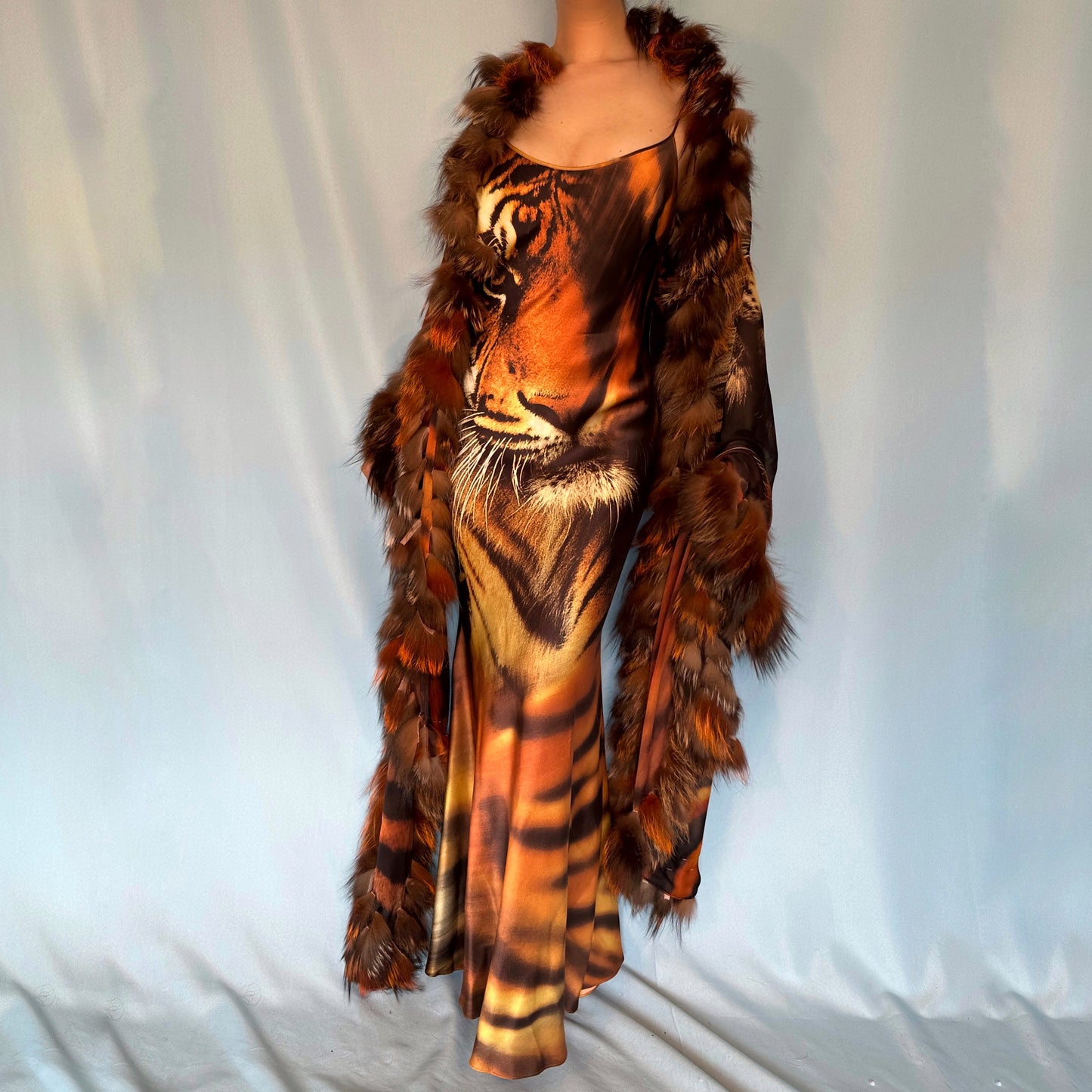 Roberto Cavalli Fall 2000 Silk Tiger Print Dress & Fur Trim Shawl