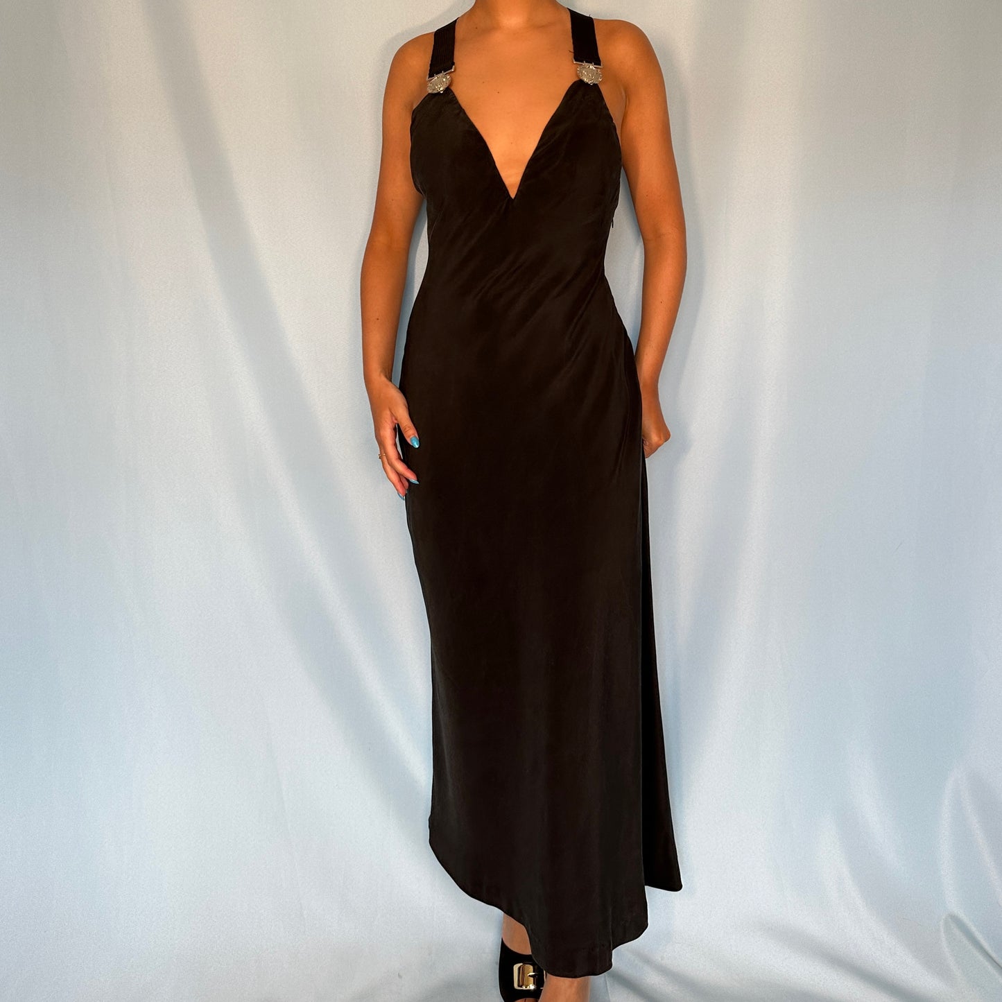 Versace Spring 1994 Medusa Strap Black Silk Gown Dress