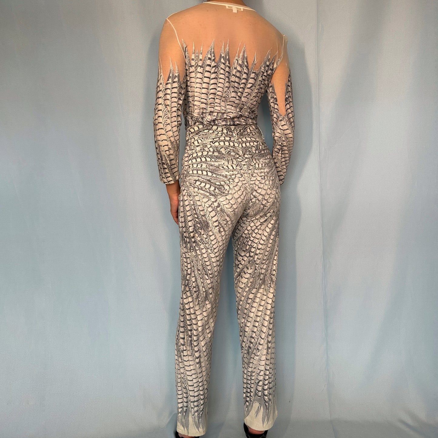 Roberto Cavalli Spring 2004 Feather Print Two Piece Mesh Top & Jeans Set